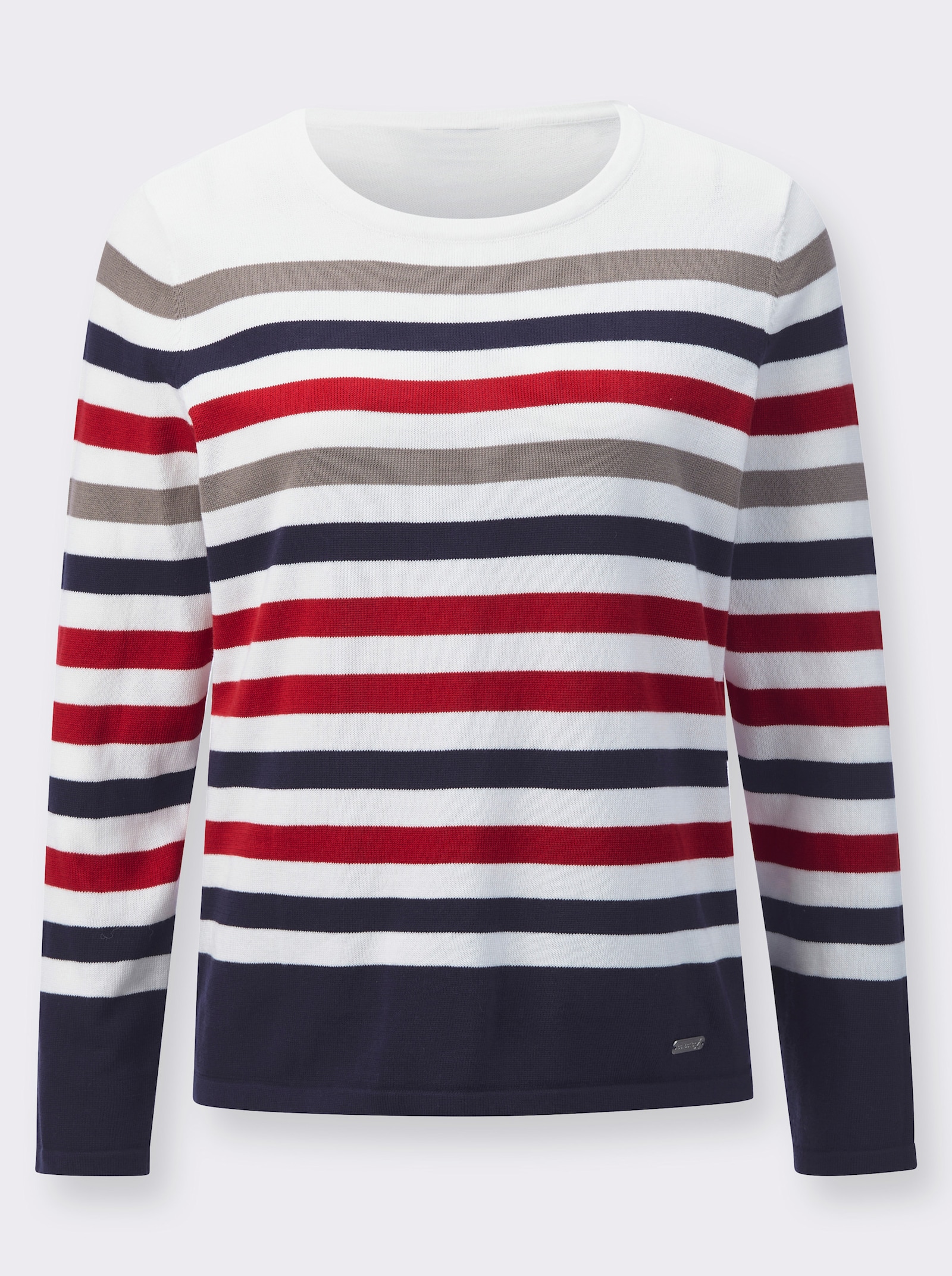 Feinstrickpullover mit Rundhals-Ausschnitt, geringelt - ecru-rot-geringelt