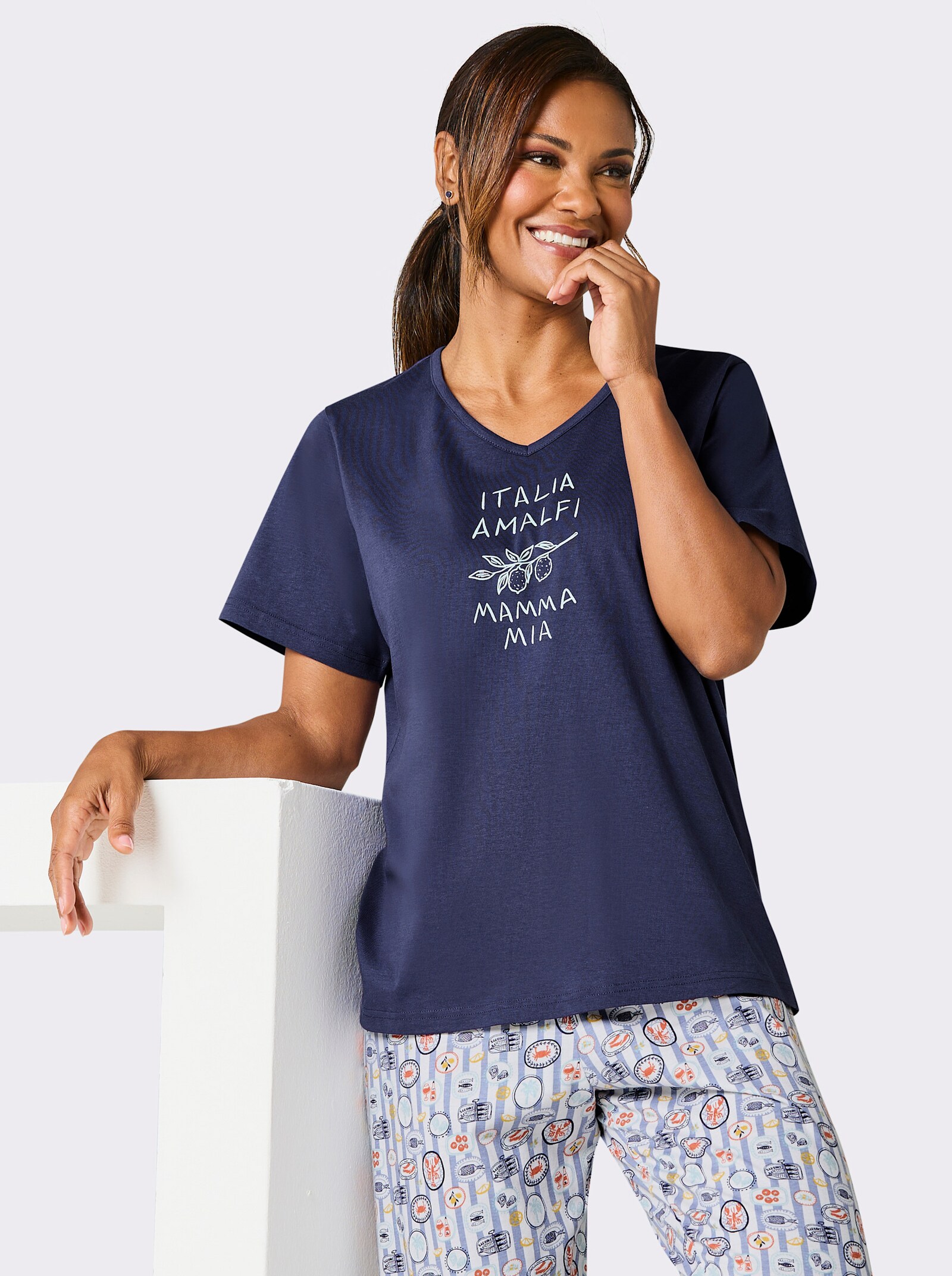 Comtessa Schlafanzug mit Caprihose - marine-hellblau-bedruckt