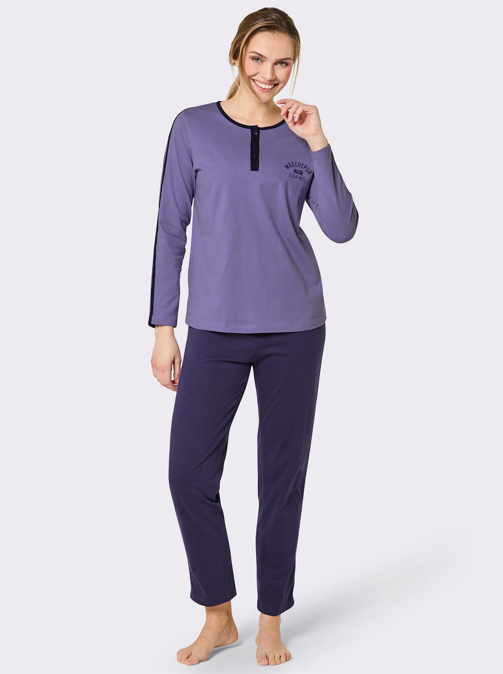 wäschepur Schlafanzug mit Kontrastpaspeln - marine-lavendel