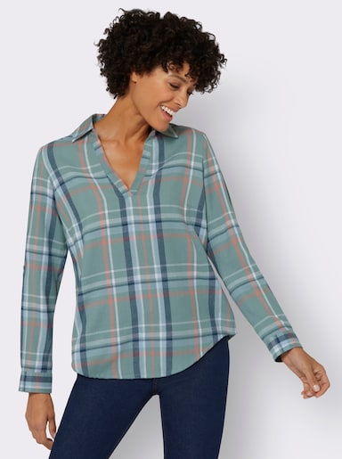 Flanellbluse mit großem Karo - dunkelblau-jade-meliert