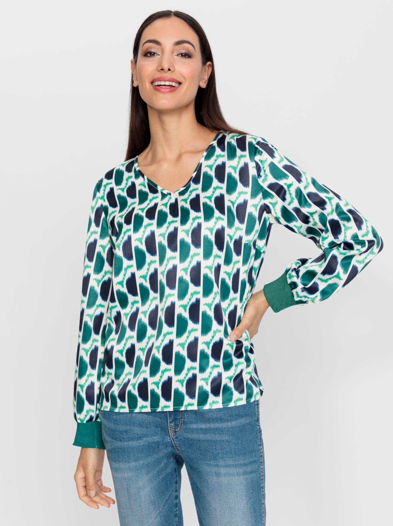 heine Druckbluse mit Bündchen am Langarm - grün-marine-bedruckt