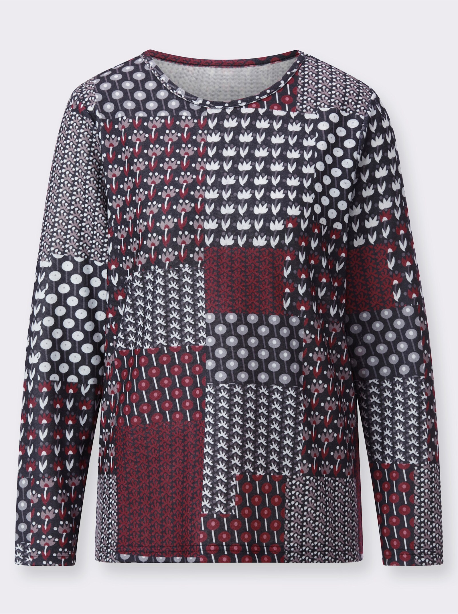 Langarmshirt mit Druck in Patch-Optik - kirsche-schwarz-bedruckt