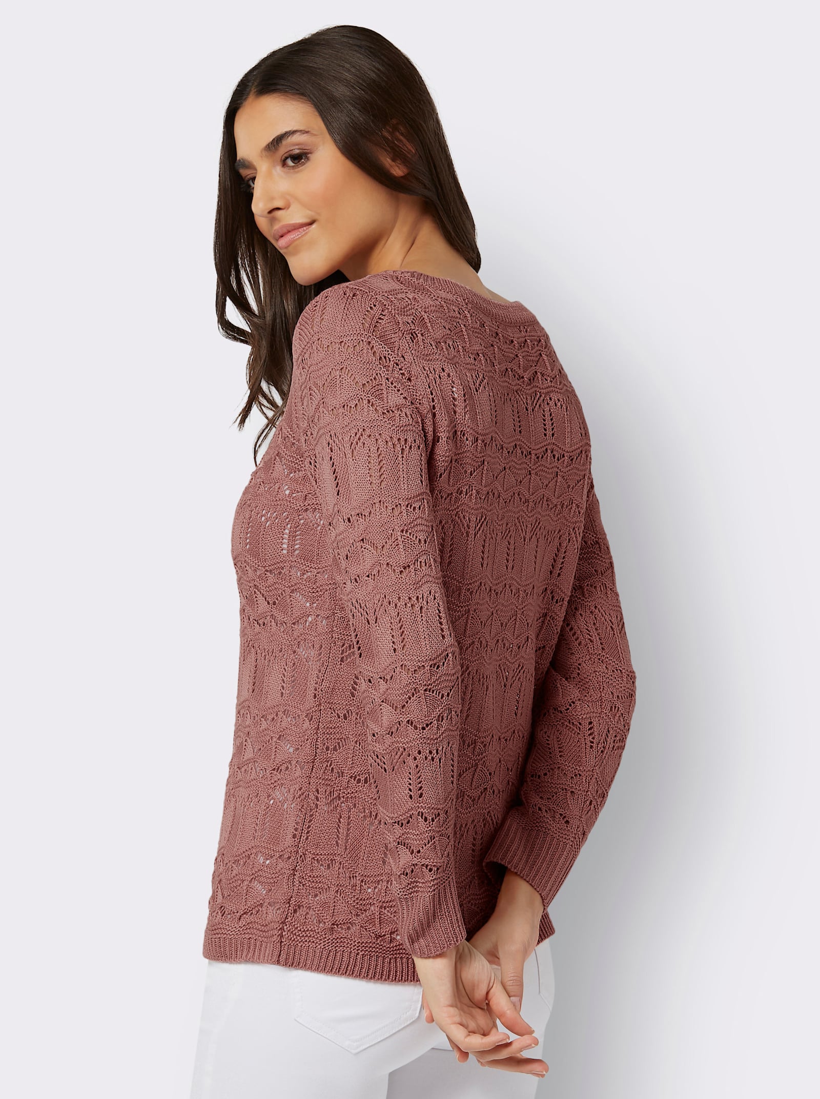 Ajourpullover met boothals - rozenhout