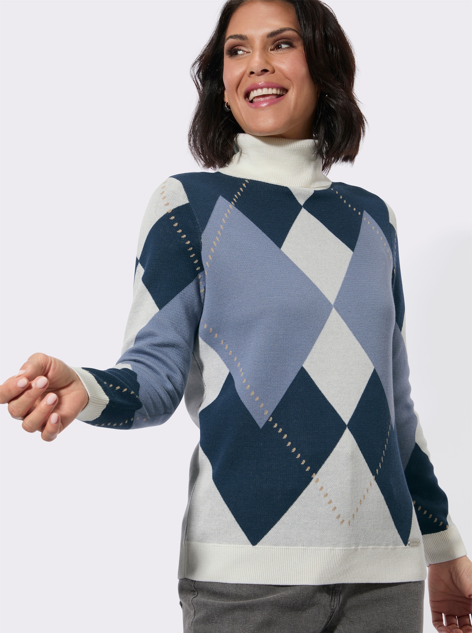 Rollkragenpullover mit Jacquard-Muster - dunkelblau-ecru