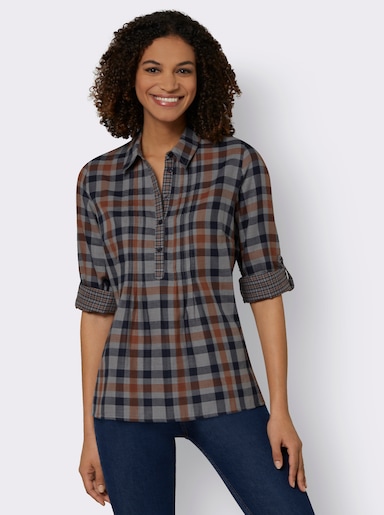 Langarmbluse mit Biesen, kariert - cognac-kariert