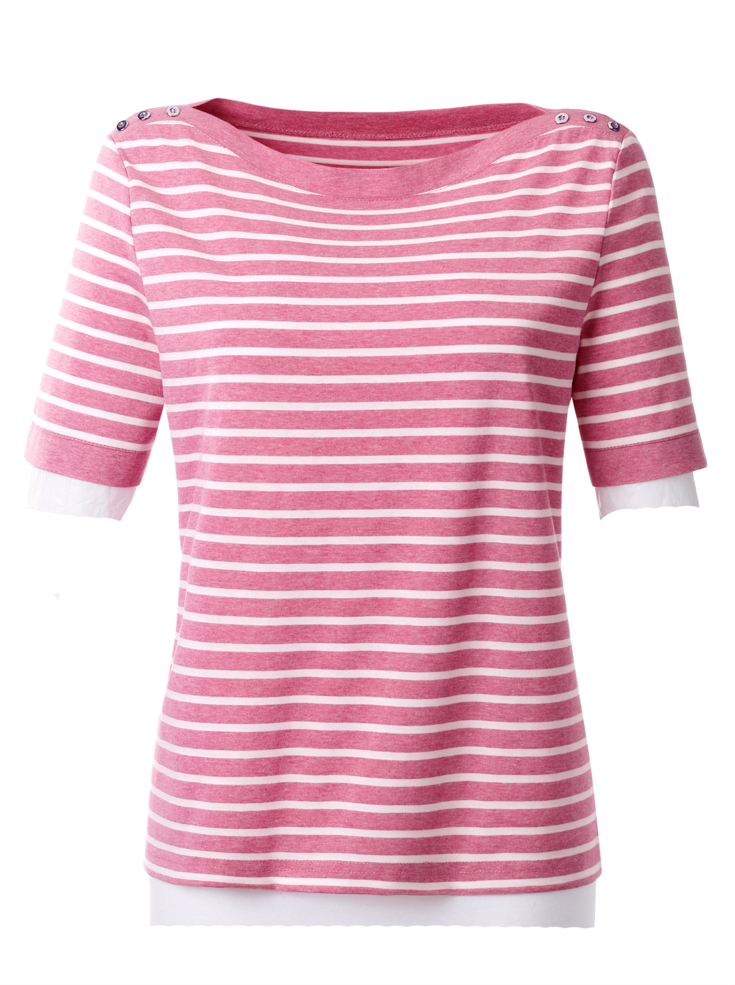 Breite günstig Kaufen-Kurzarmshirt in rosé-weiß von heine. Kurzarmshirt in rosé-weiß von heine <![CDATA[Wir lieben Ringel! Shirt – der breite, einfarbige Beleg wurde mit silberfarbigen Metallknöpfen wirkungsvoll aufgepeppt!]]>. 