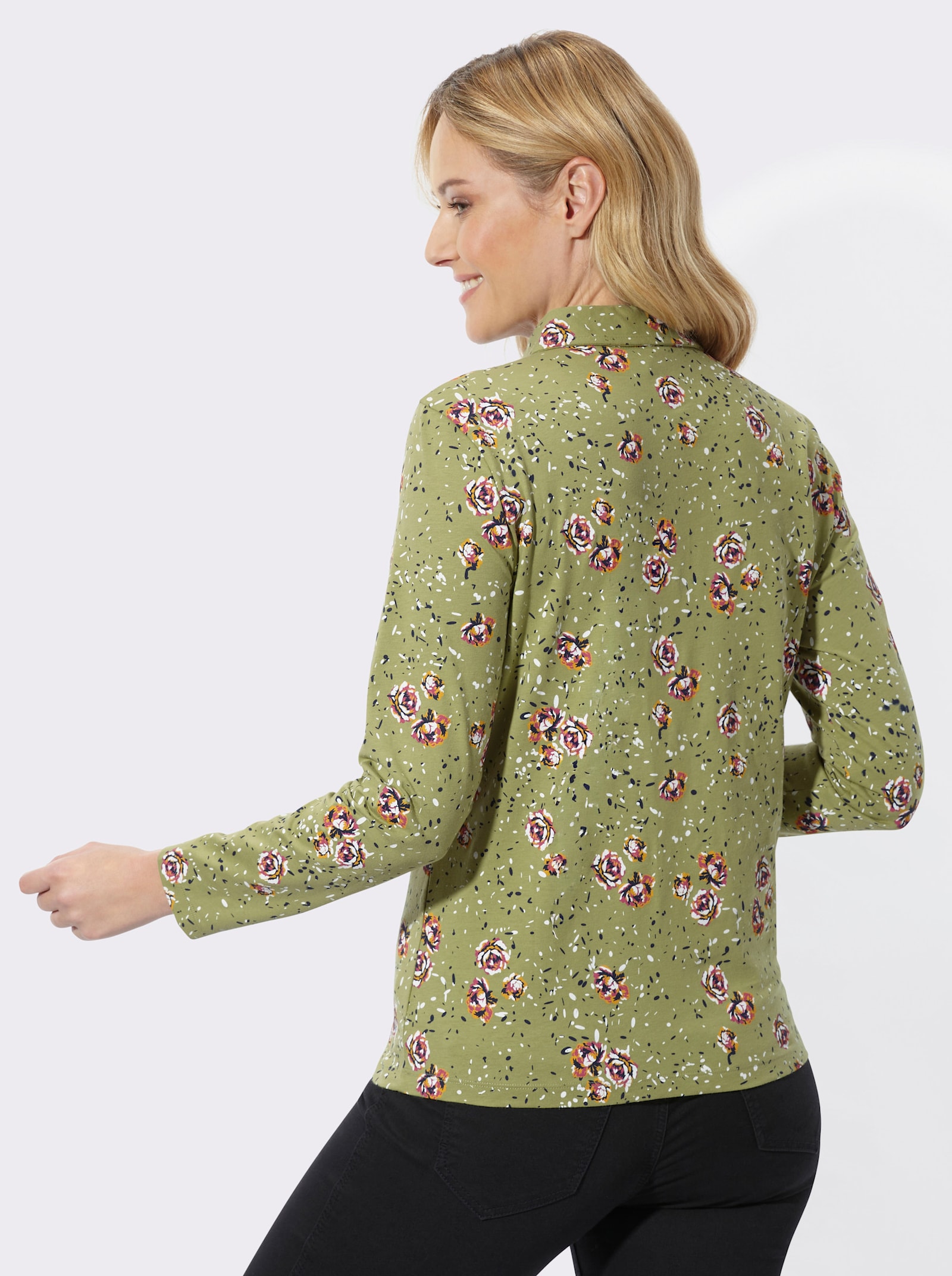 Poloshirt im dezenten Blumenmuster - schilf-fuchsia-bedruckt