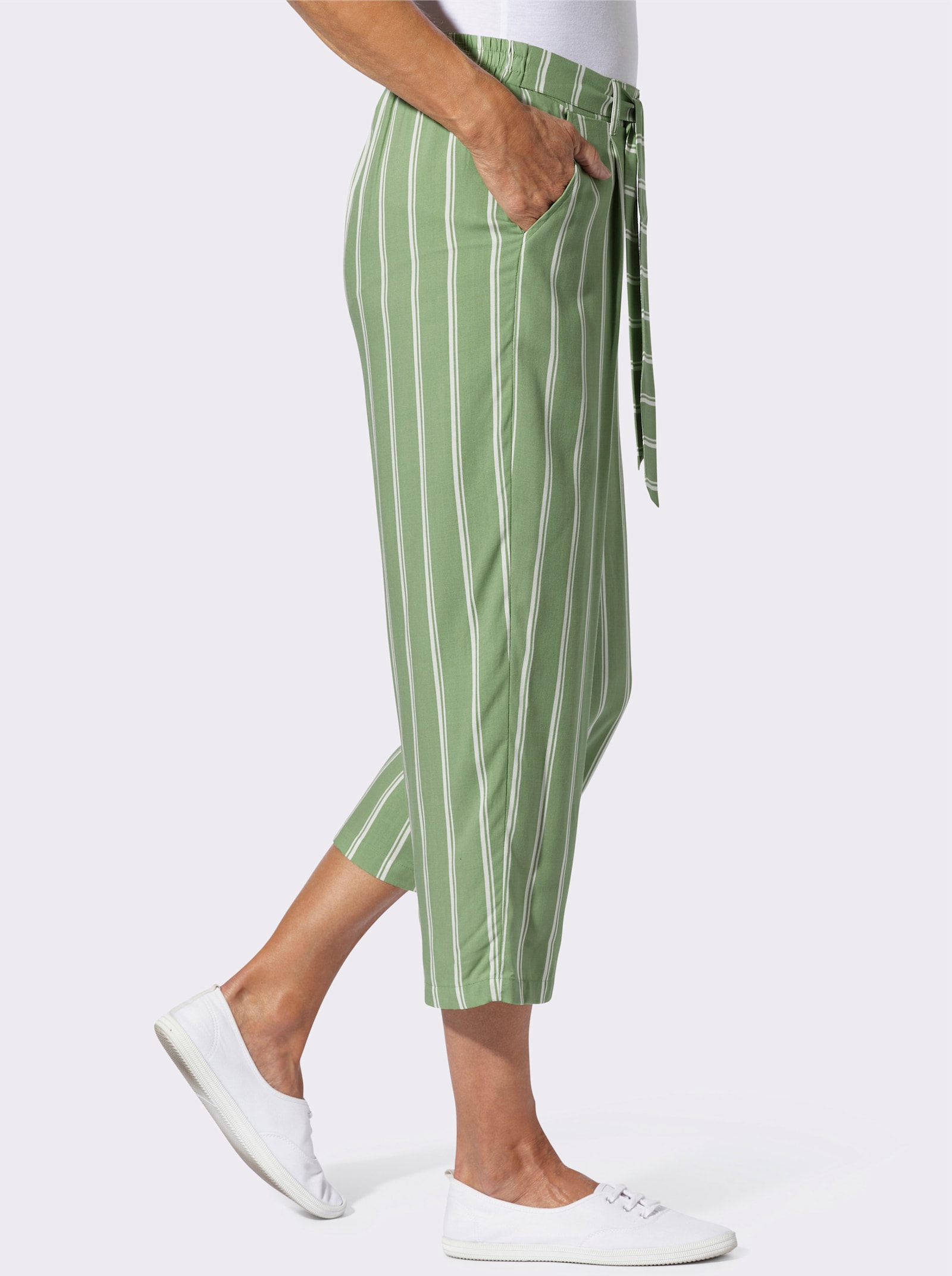 3/4-Hose mit fixiertem Bindegürtel - eucalyptus-ecru-gestreift