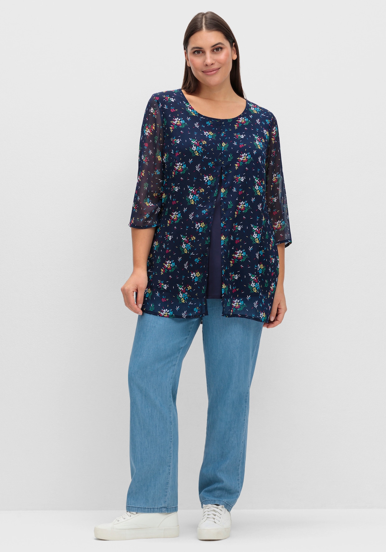 Longbluse - marine-pink-bedruckt