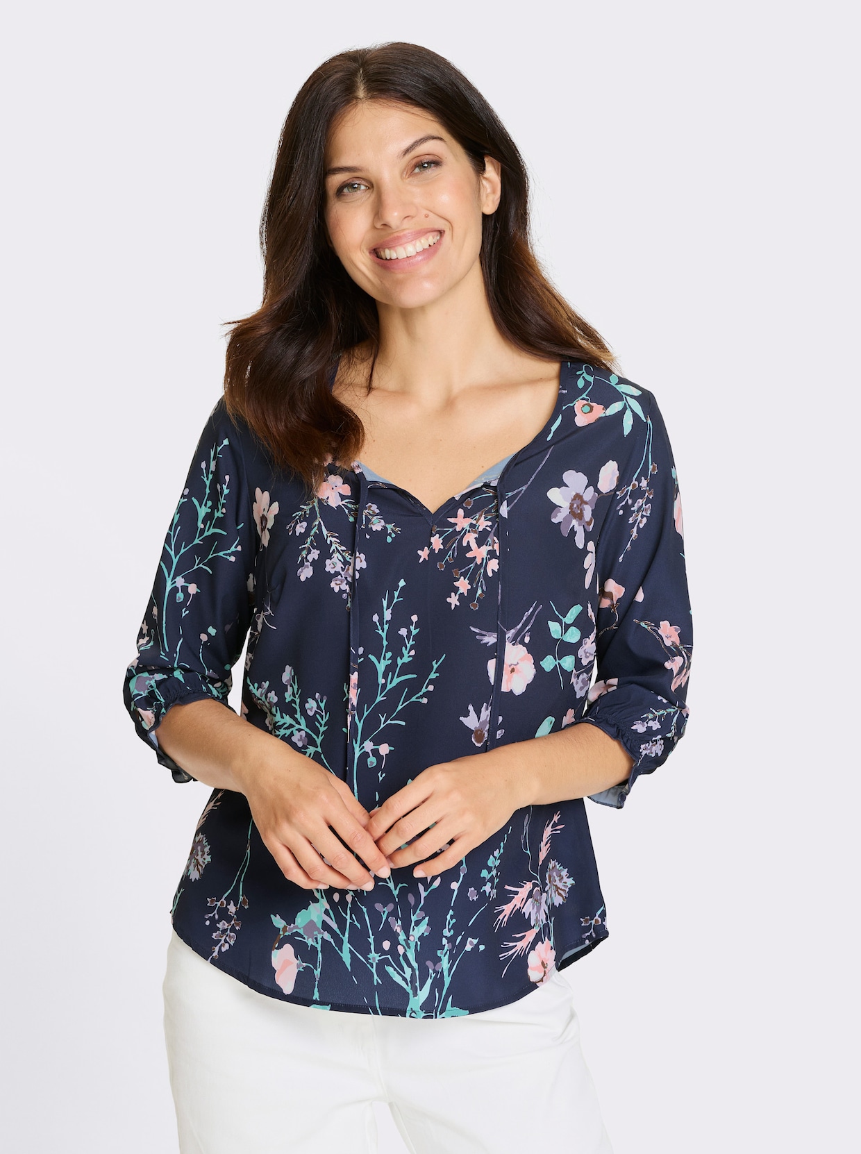 Schlupf-Bluse - marine-hellrosé-bedruckt