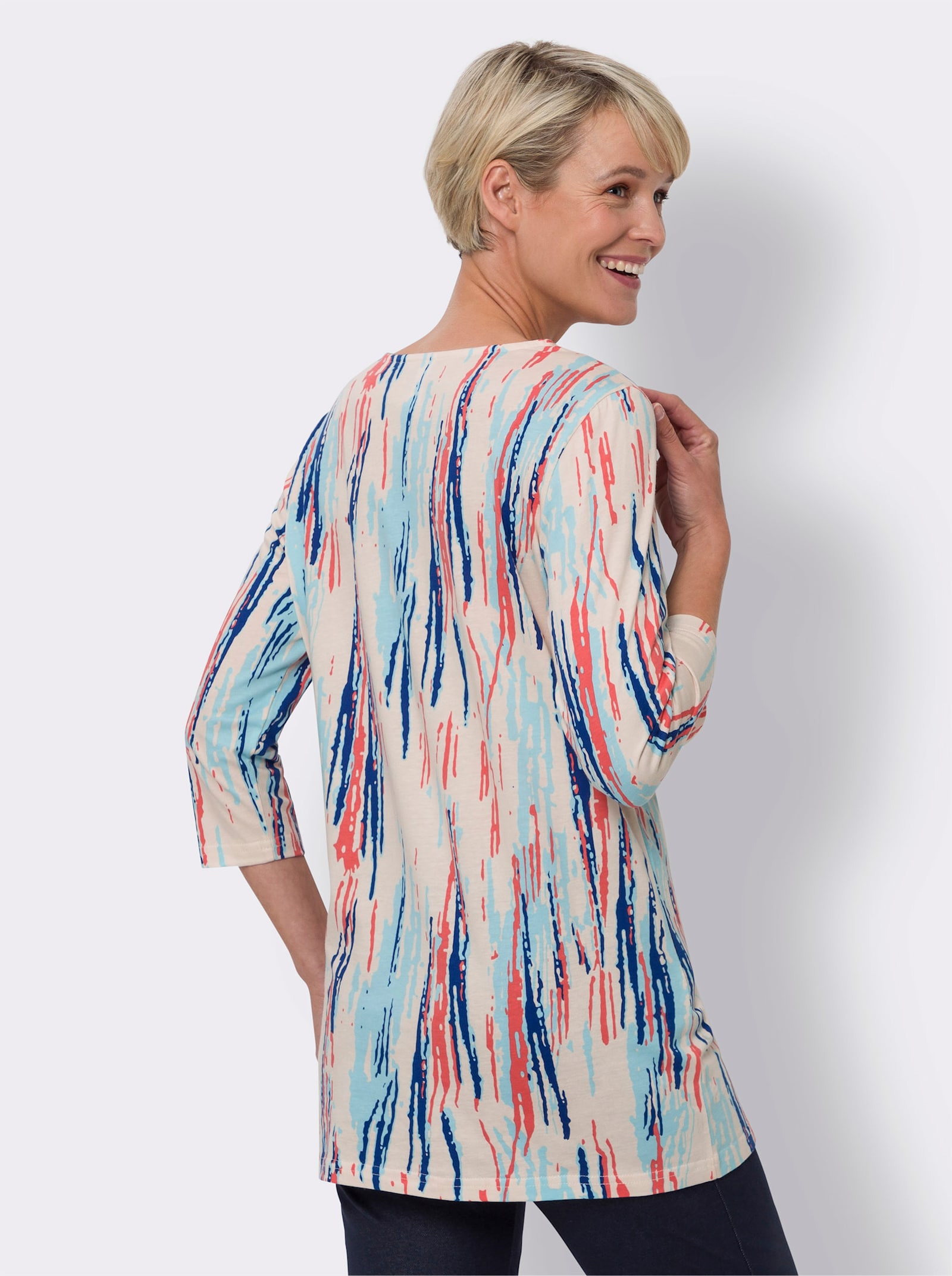 Longshirt mit 3/4-Ärmeln - royalblau-koralle-bedruckt