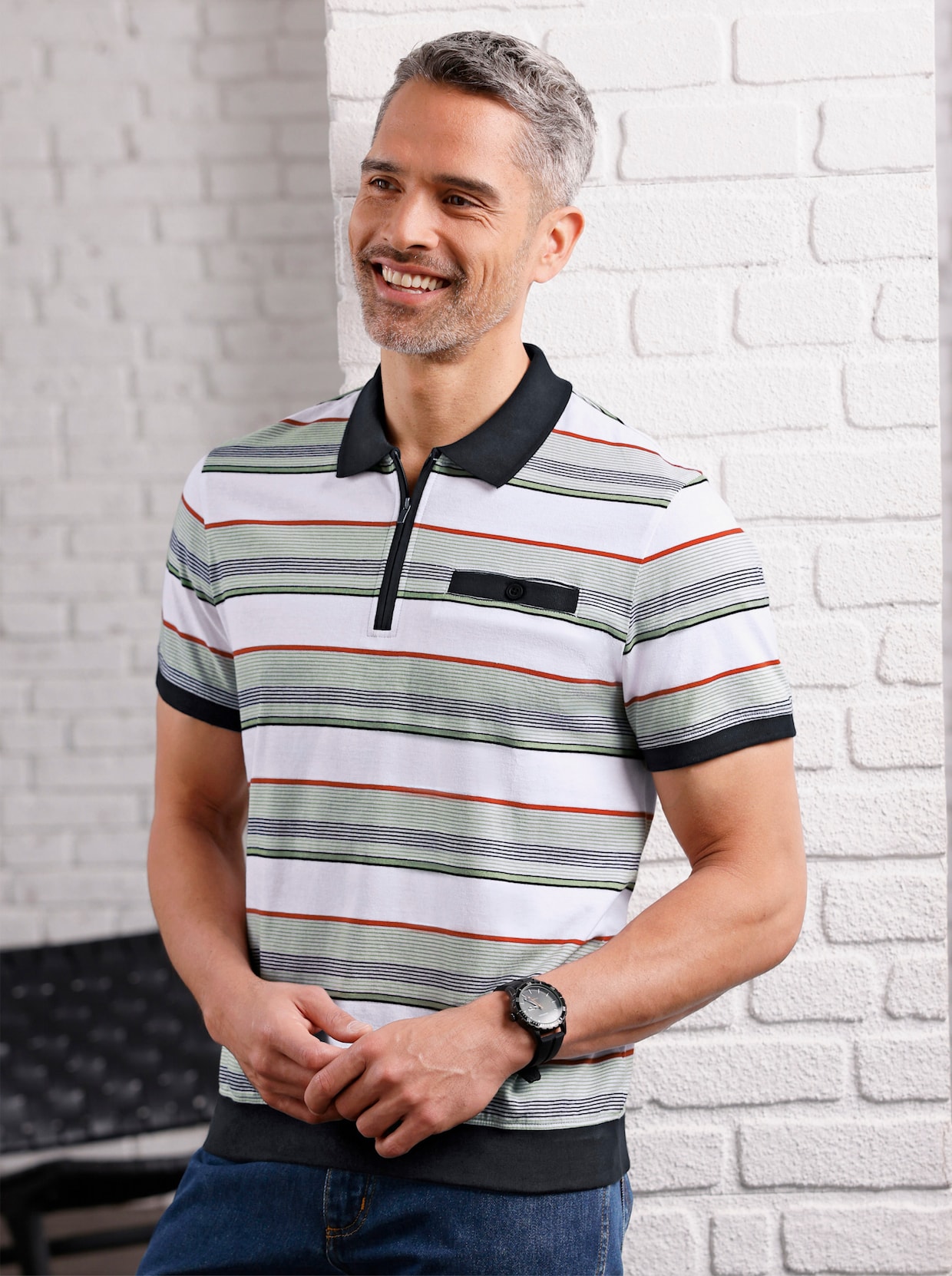 Poloshirt met korte mouwen - zwart-eucalyptus-gestreept