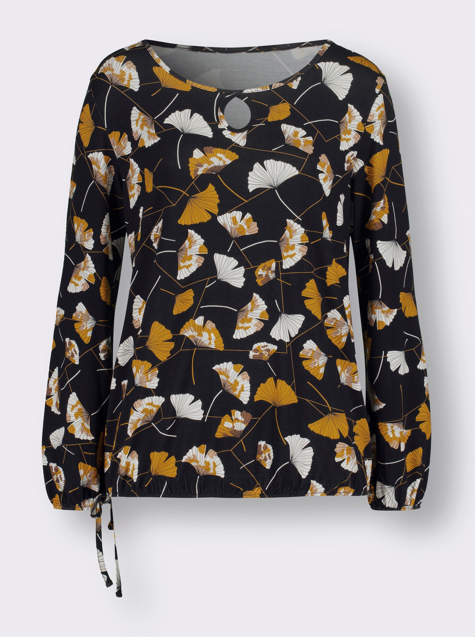 Langarmshirt mit Ginkgo-Dessin - schwarz-ocker-bedruckt