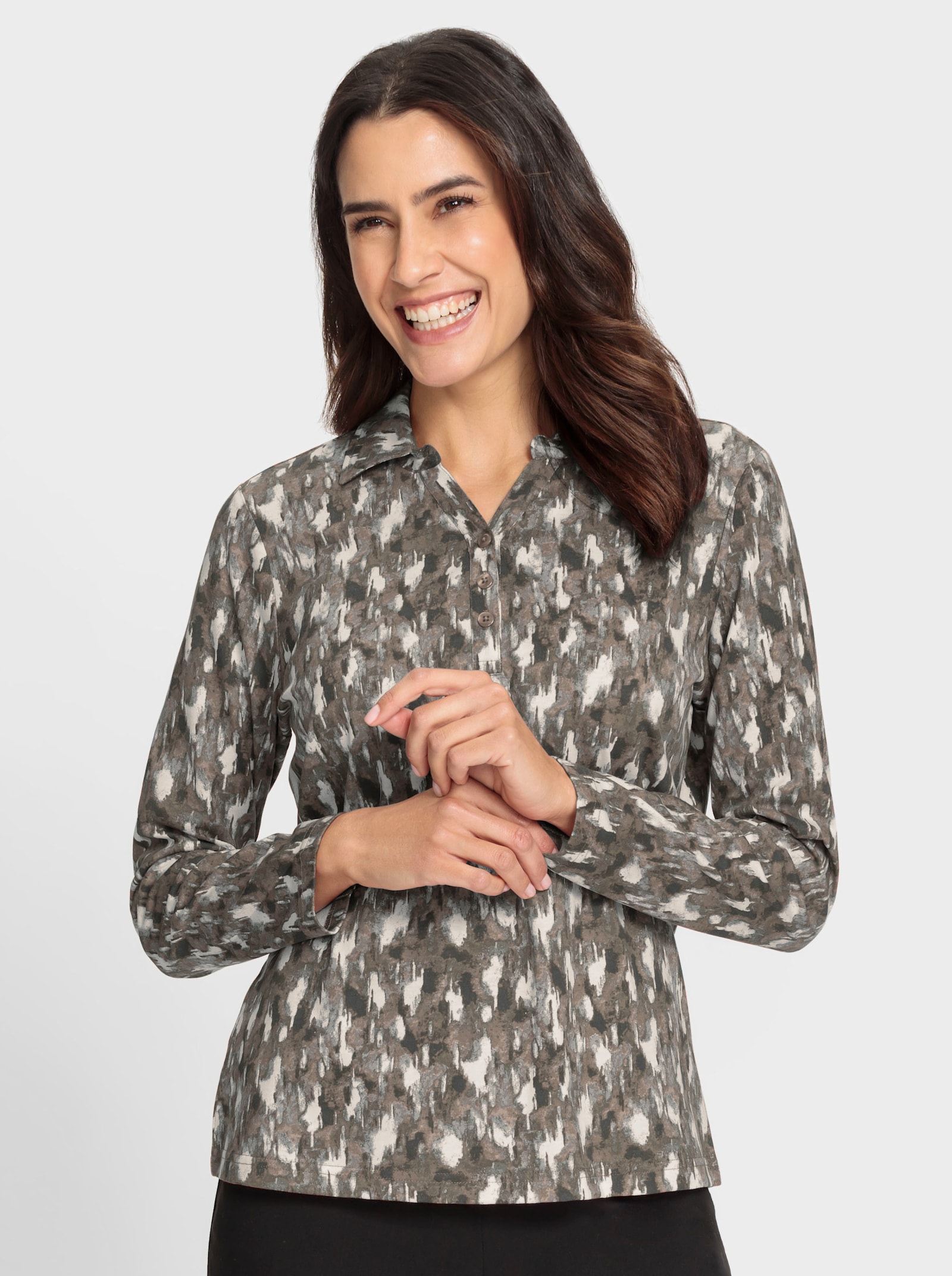 Poloshirt met korte knoopsluiting - taupe/grafiet bedrukt