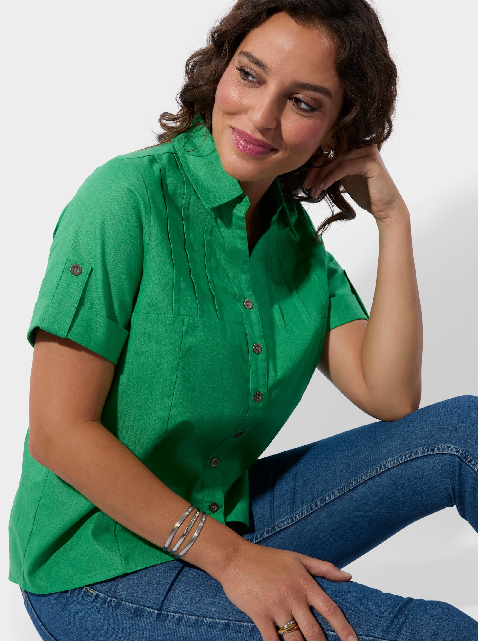 Kurzarm-Bluse im Baumwoll-Leinen-Mix - grasgrün