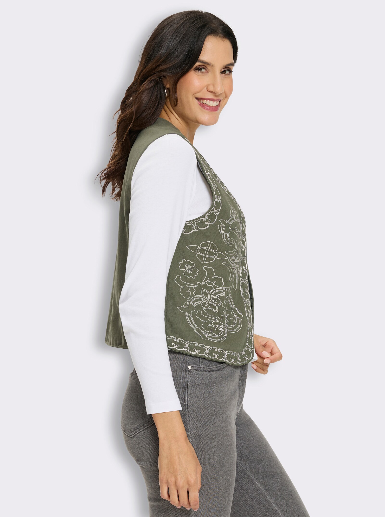 Jeansweste mit Kontrast-Stickerei - khaki-champagner-gemustert