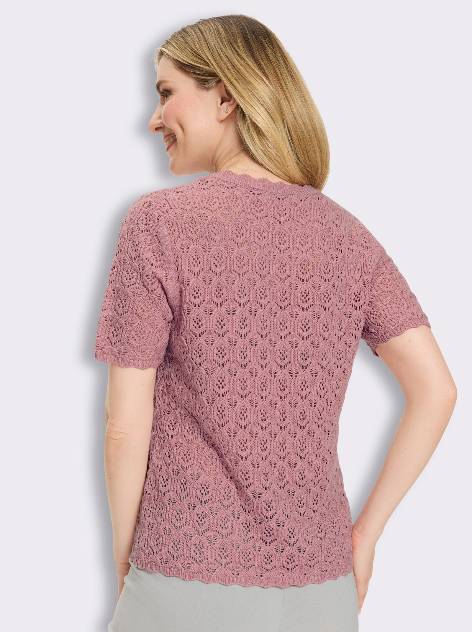 Ajourpullover mit gewellten Abschlüssen - hortensie