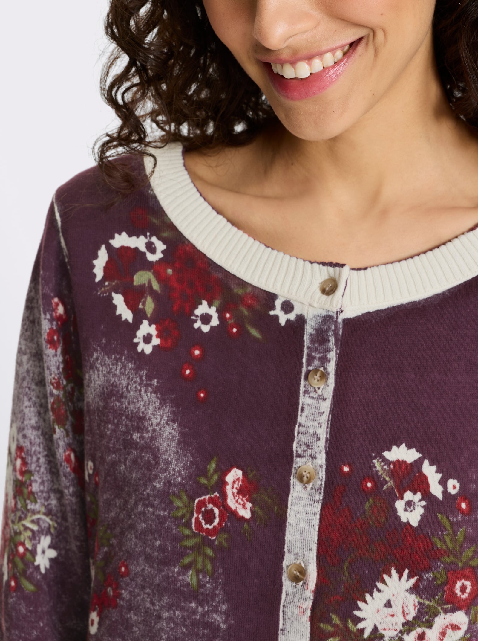 heine Strickjacke mit Blüten-Print - burgund-champagner-bedruckt