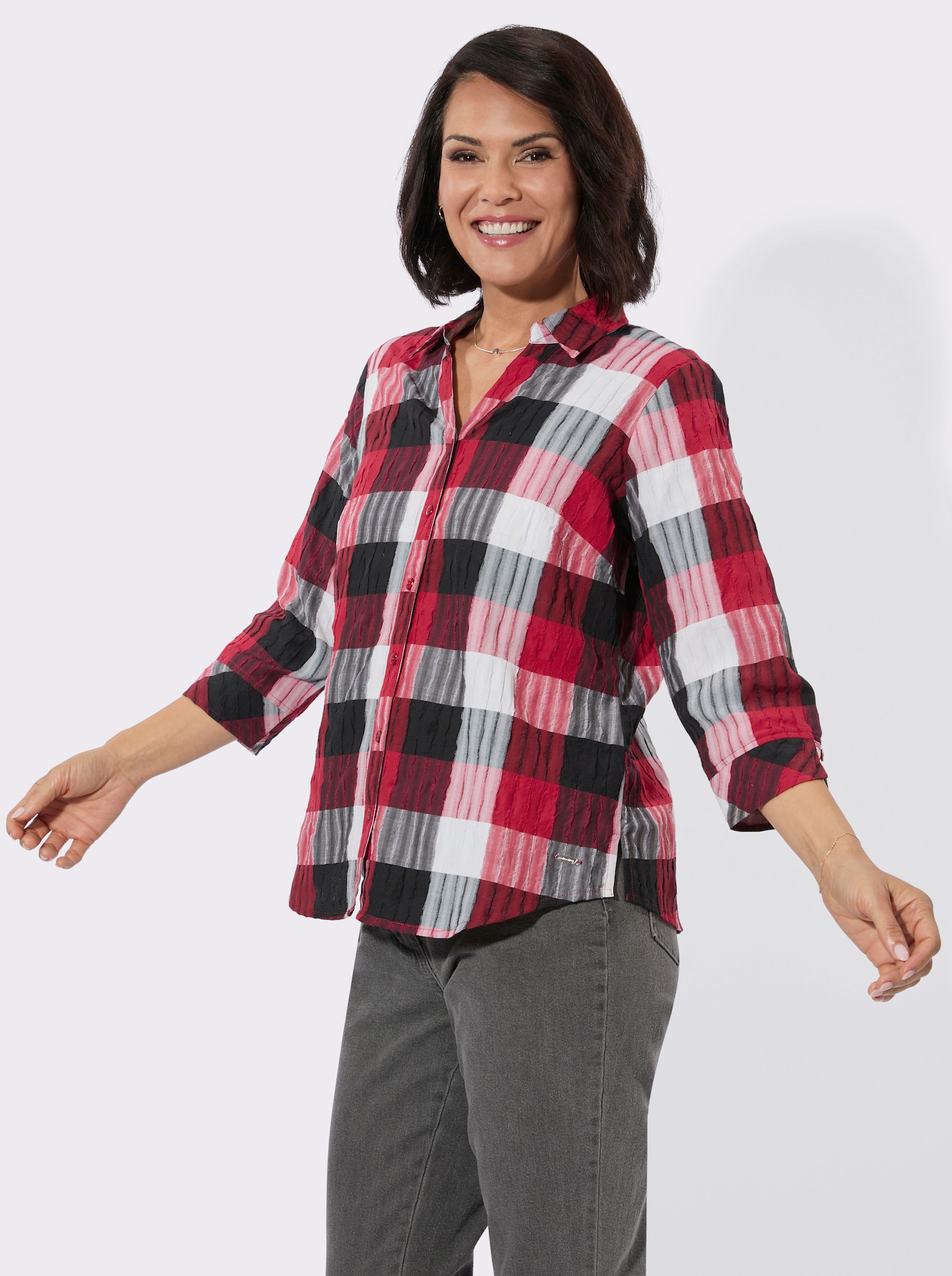 Karobluse mit 3/4-Ärmeln - rot-schwarz-kariert