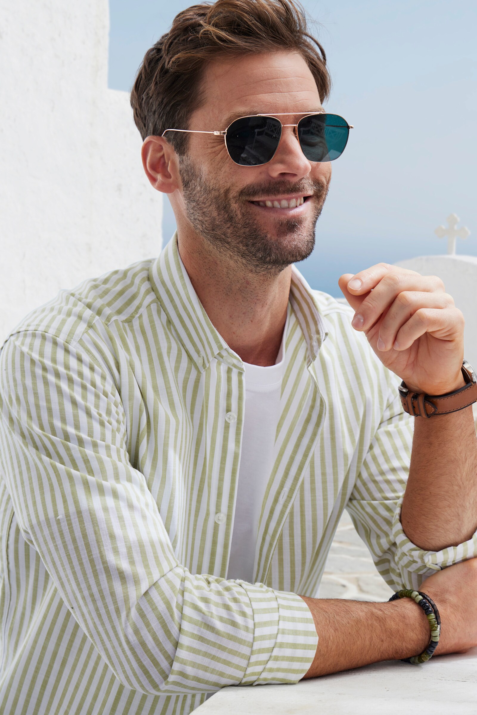 John Devin Langarmhemd - hellgrün-gestreift