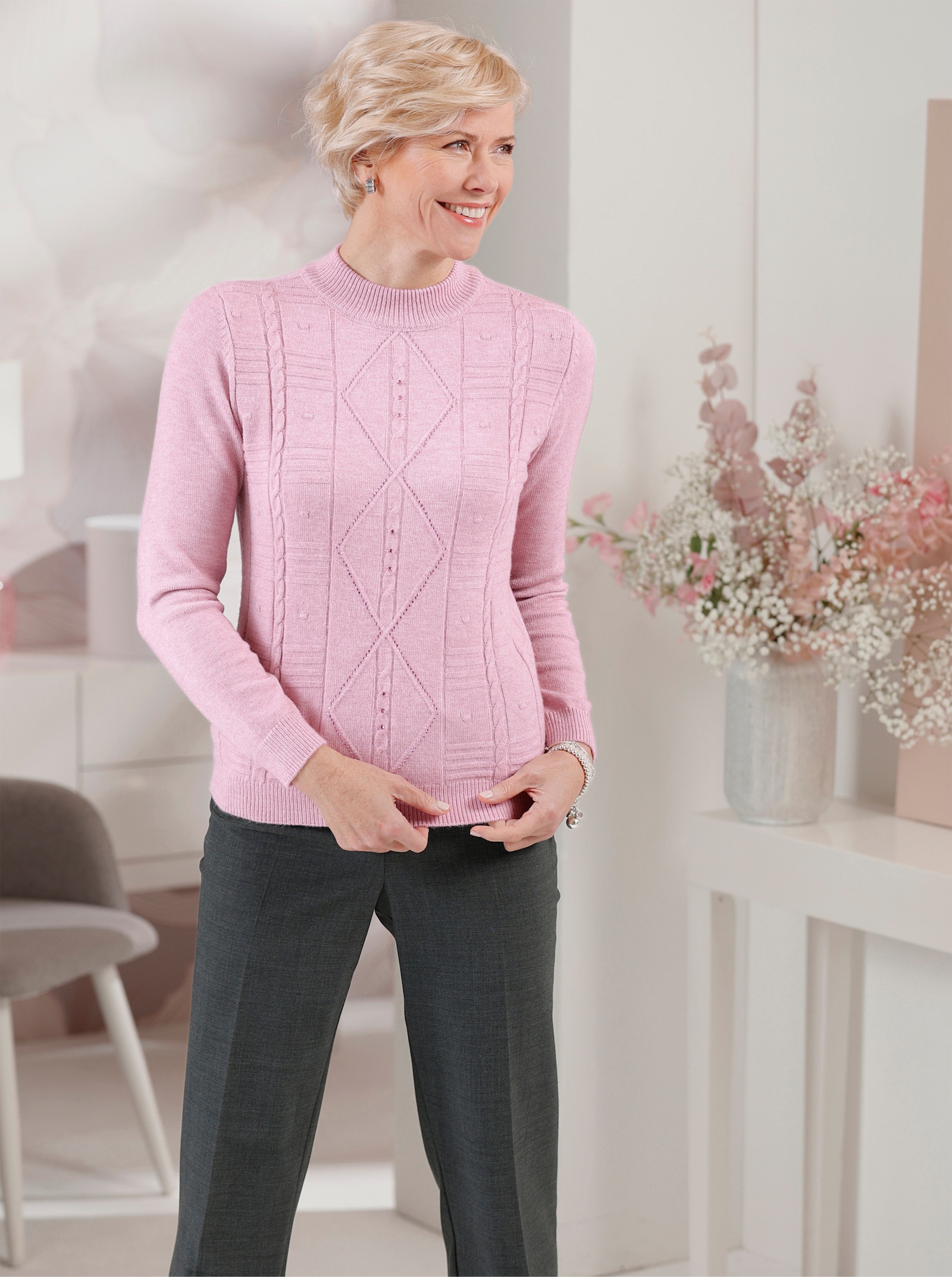 Stehkragenpullover mit Glitzersteinchen - mauve-meliert