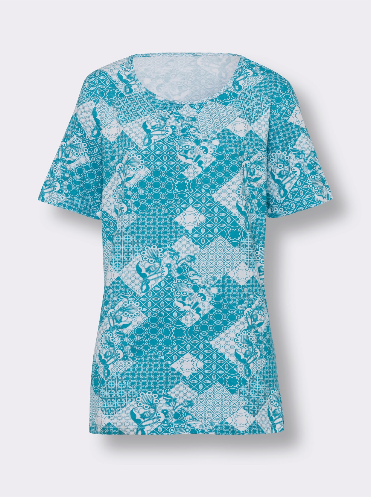Lang shirt - wit/turquoise bedrukt