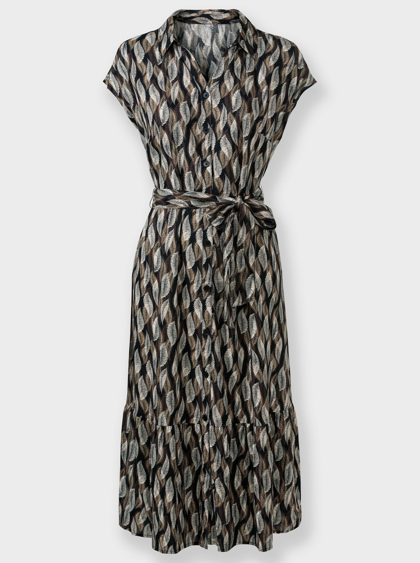 Sommerkleid mit Bindegürtel - schwarz-sand-bedruckt