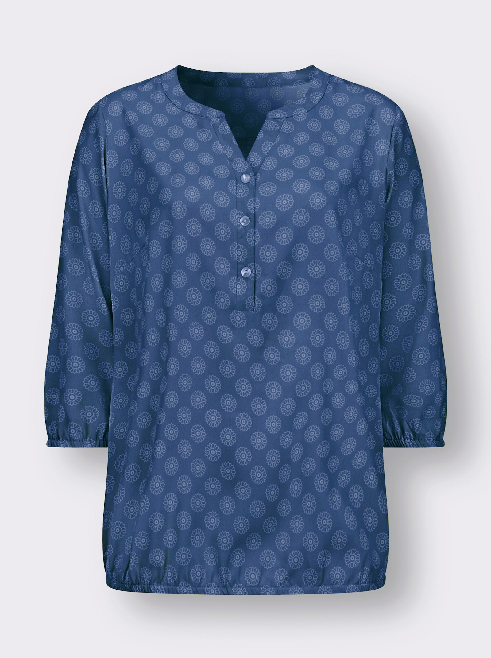 Schlupfbluse mit elastischen Bündchen am Saum - jeansblau-ecru-bedruckt