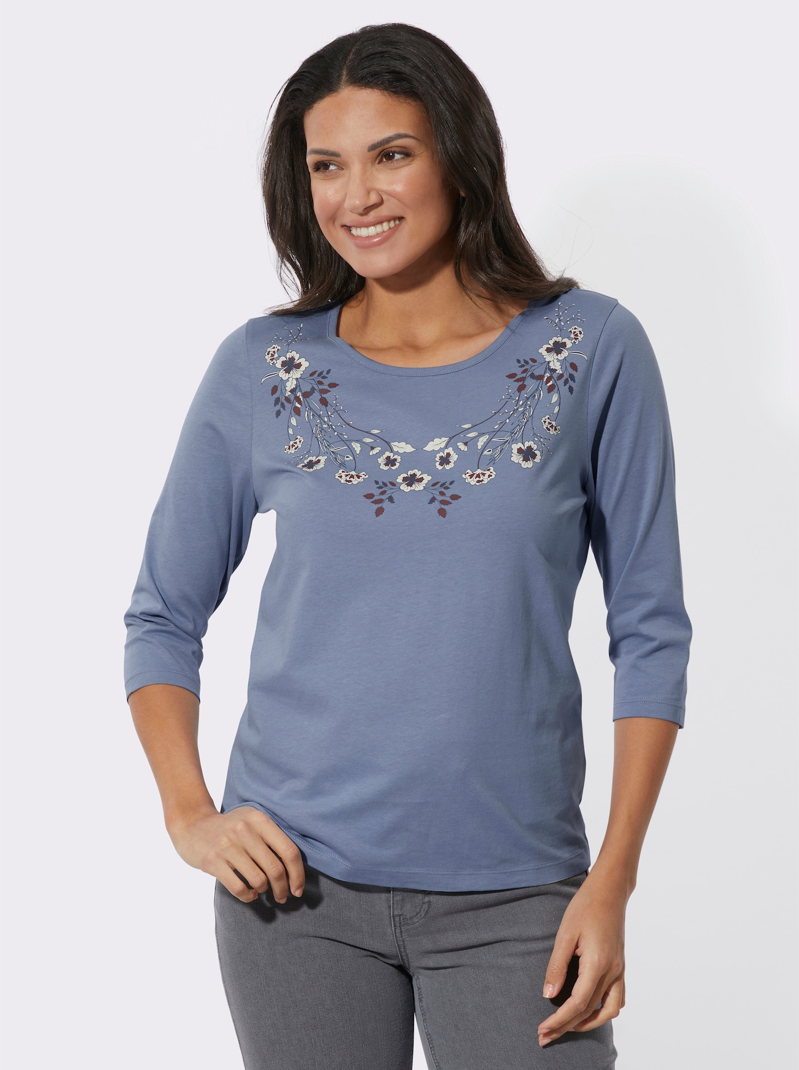 3/4-Arm-Shirt mit floralem Druck - taubenblau-champagner