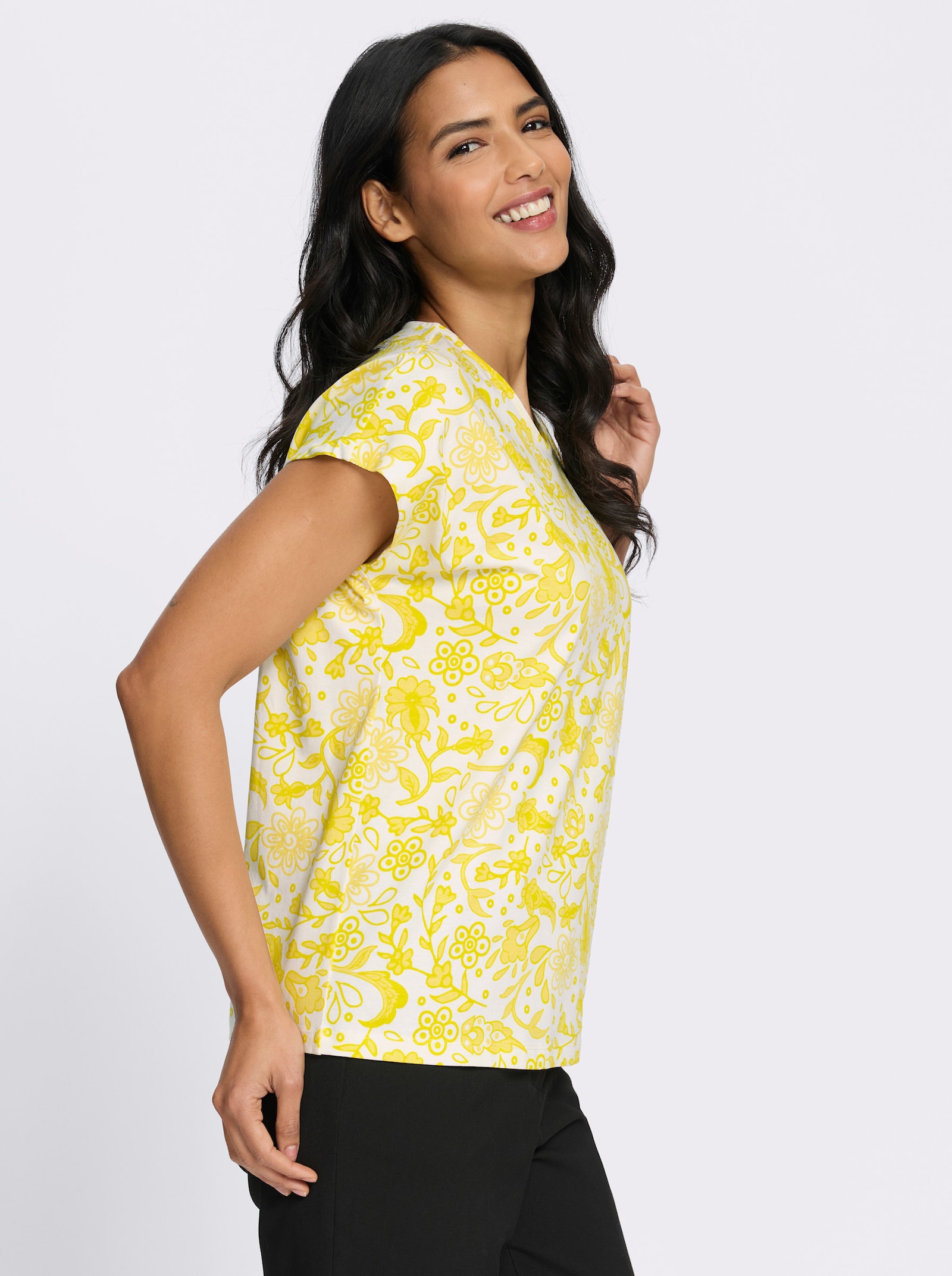 Kurzarmshirt im Paisley-Blüten-Mix - limone-zitrone-bedruckt