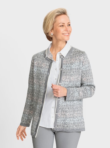 Strickjacke mit Intarsien-Muster - steingrau-ecru-gemustert