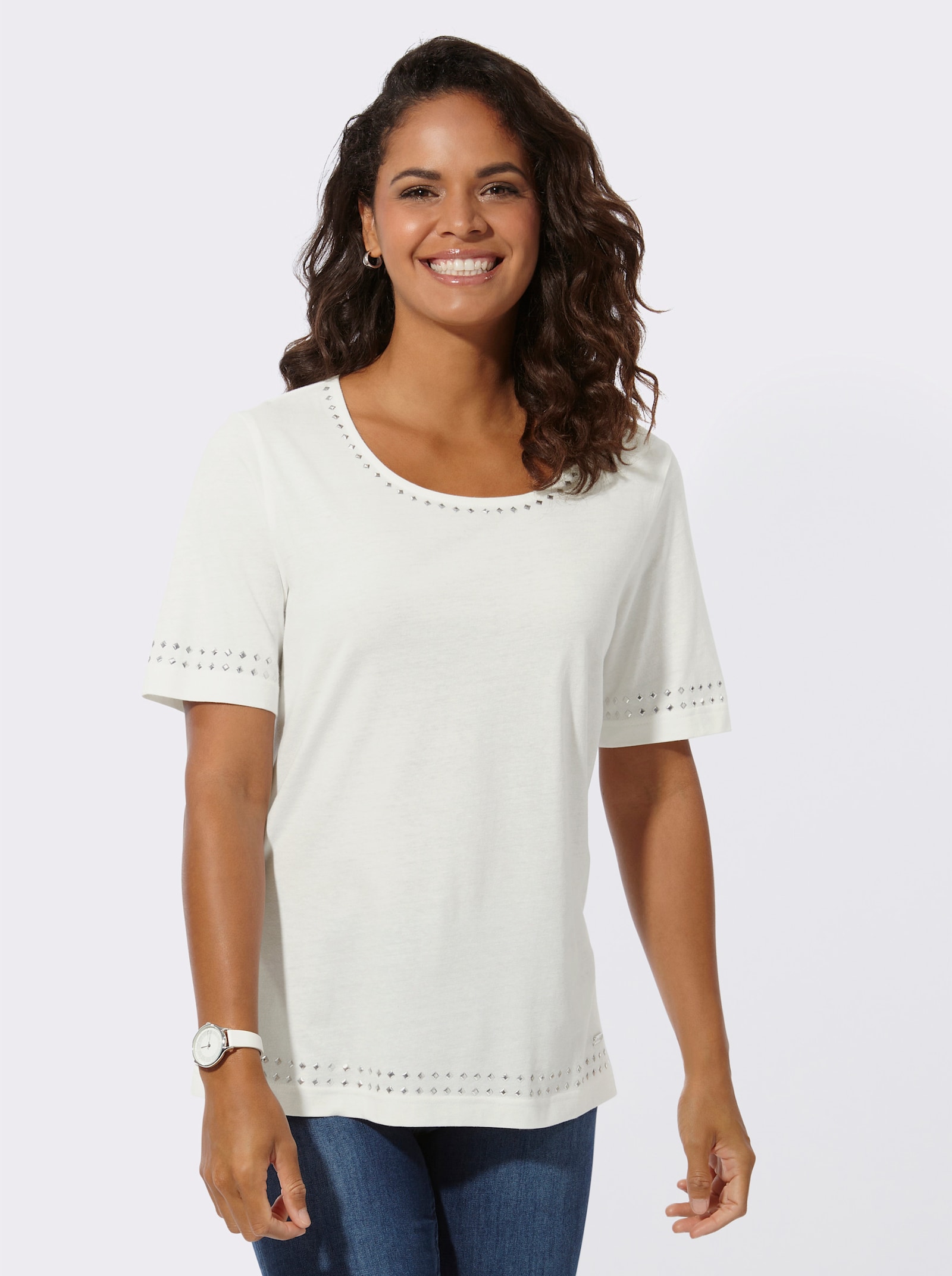 Shirt met korte mouwen en metalen siersteentjes - ecru