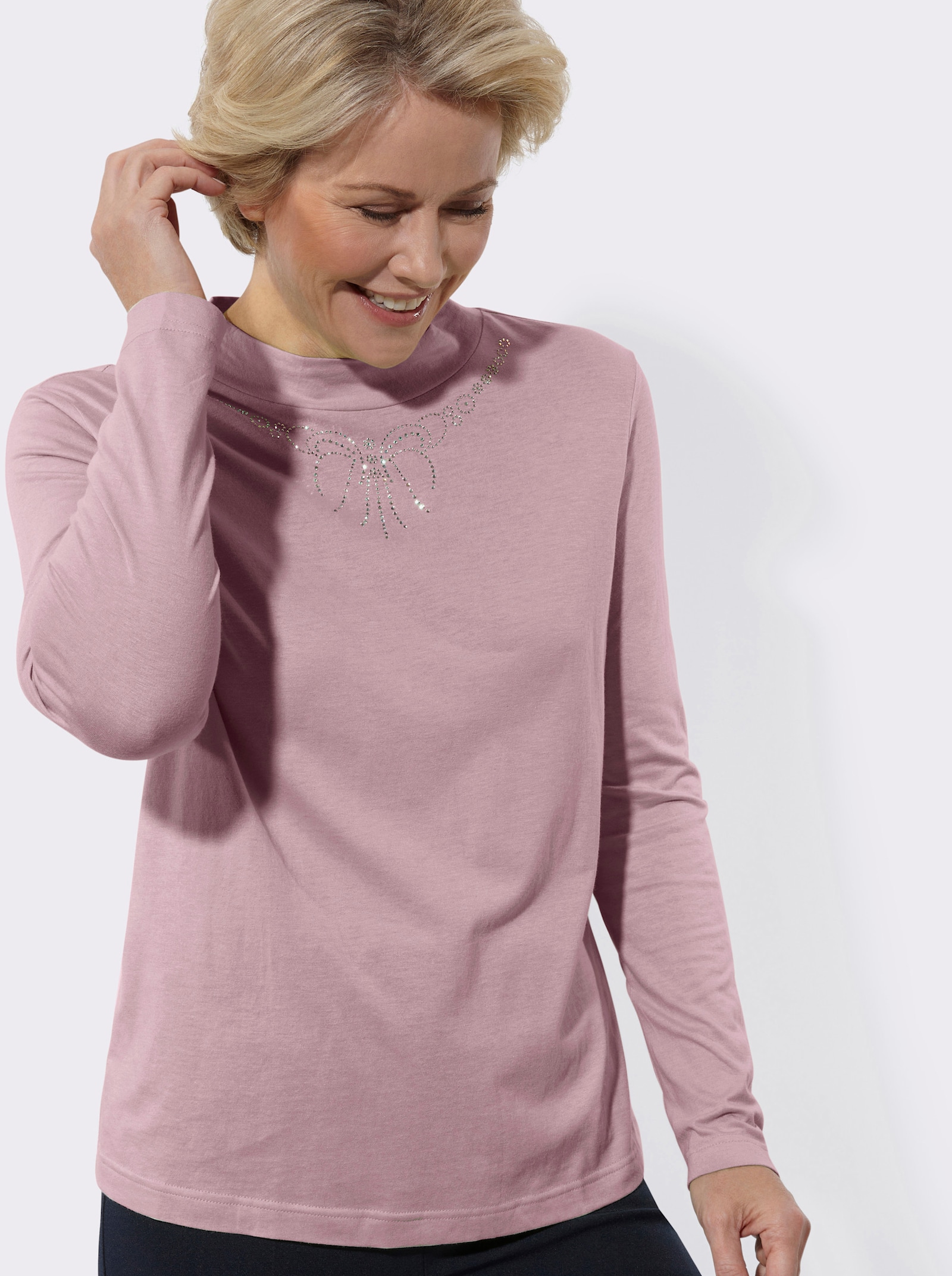 Stehkragenshirt mit Glitzersteinchen - rosé