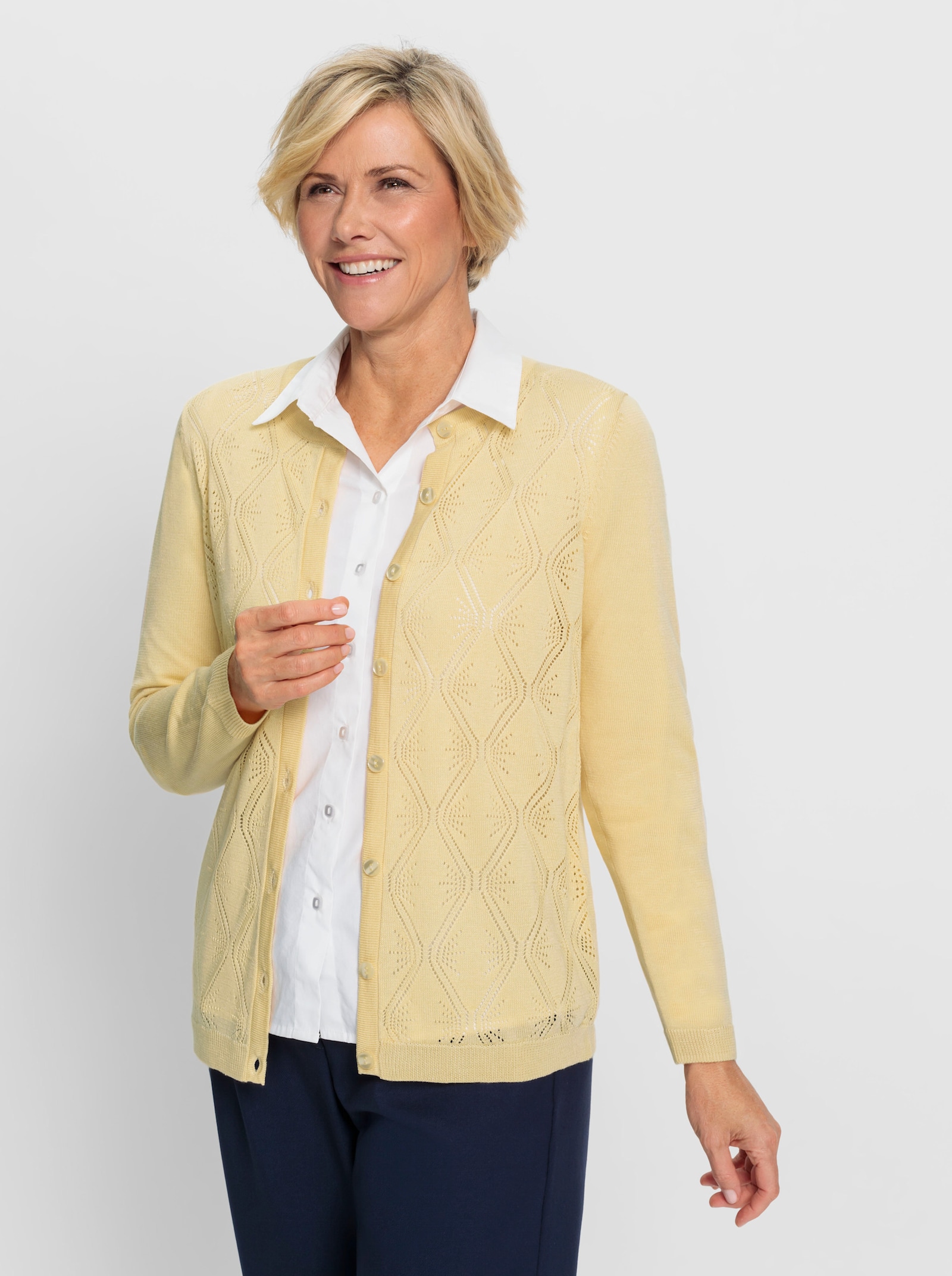 Ajourstrickjacke mit Rautenmuster - vanille