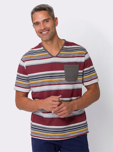 Schlafanzug-Shirt - dunkelrot-weiß-gestreift
