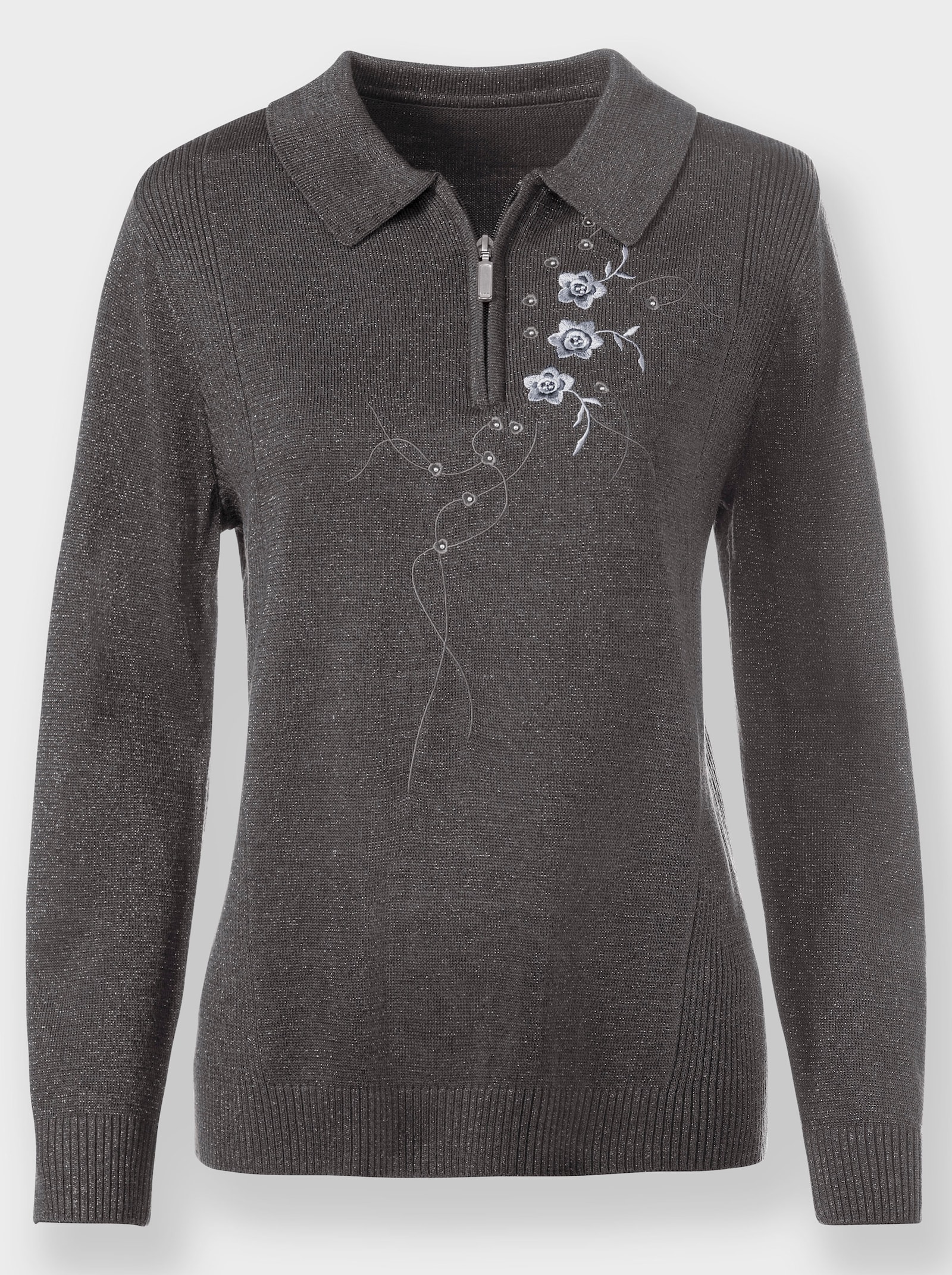 Polopullover mit Blumen-Stickerei - anthrazit-meliert