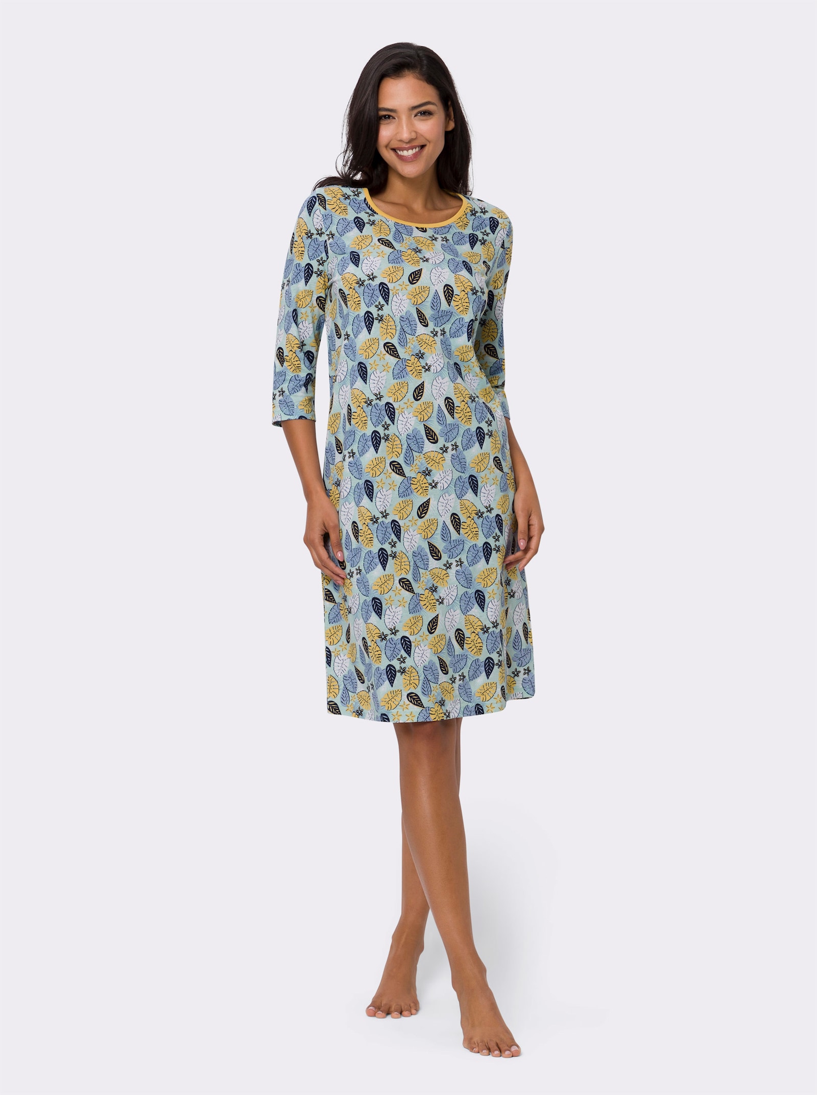 Nachthemd im Blätter-Dessin - himmelblau-marine-bedruckt