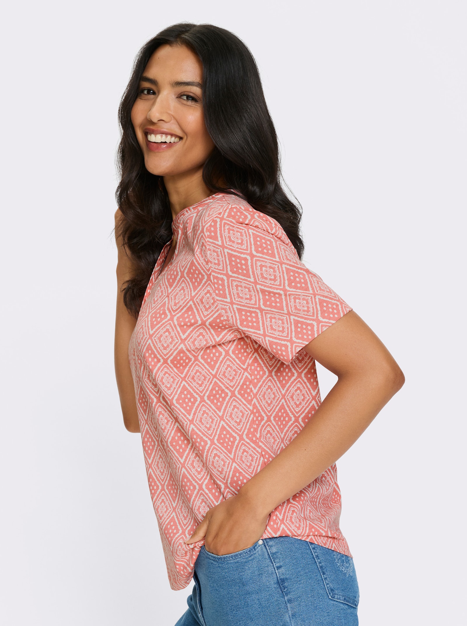 Kurzarmshirt mit Ethno-Druck - flamingo-ecru-bedruckt