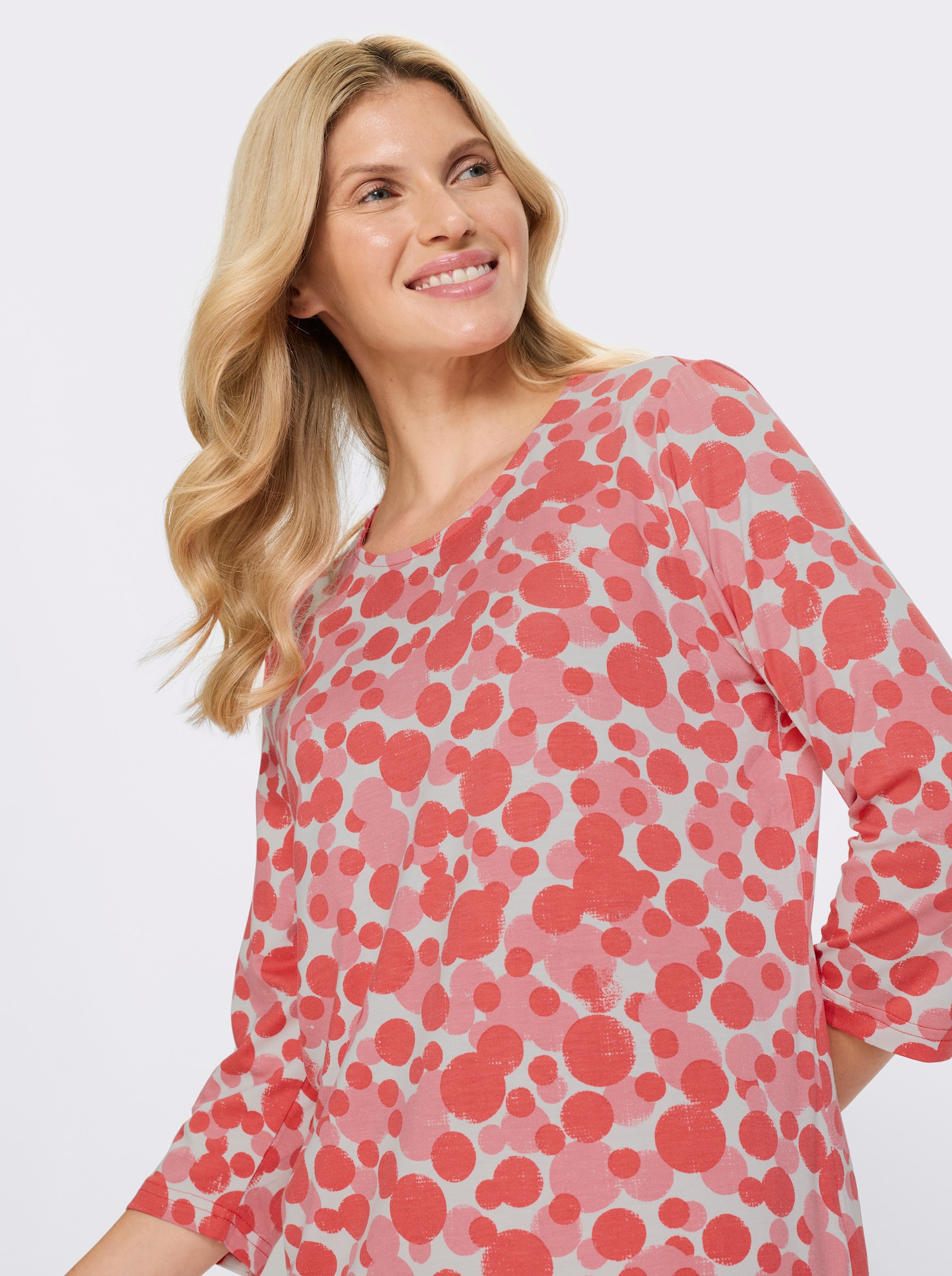 Shirt met 3/4-mouwen en spits toelopende zoom - ecru/grapefruit gedessineerd