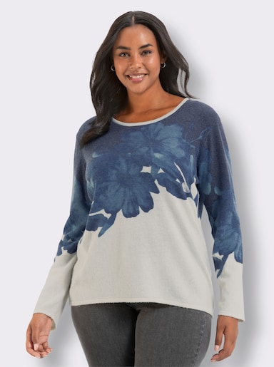 Feinstrickpullover mit diagonalem Blütendruck - champagner-jeansblau-bedruckt