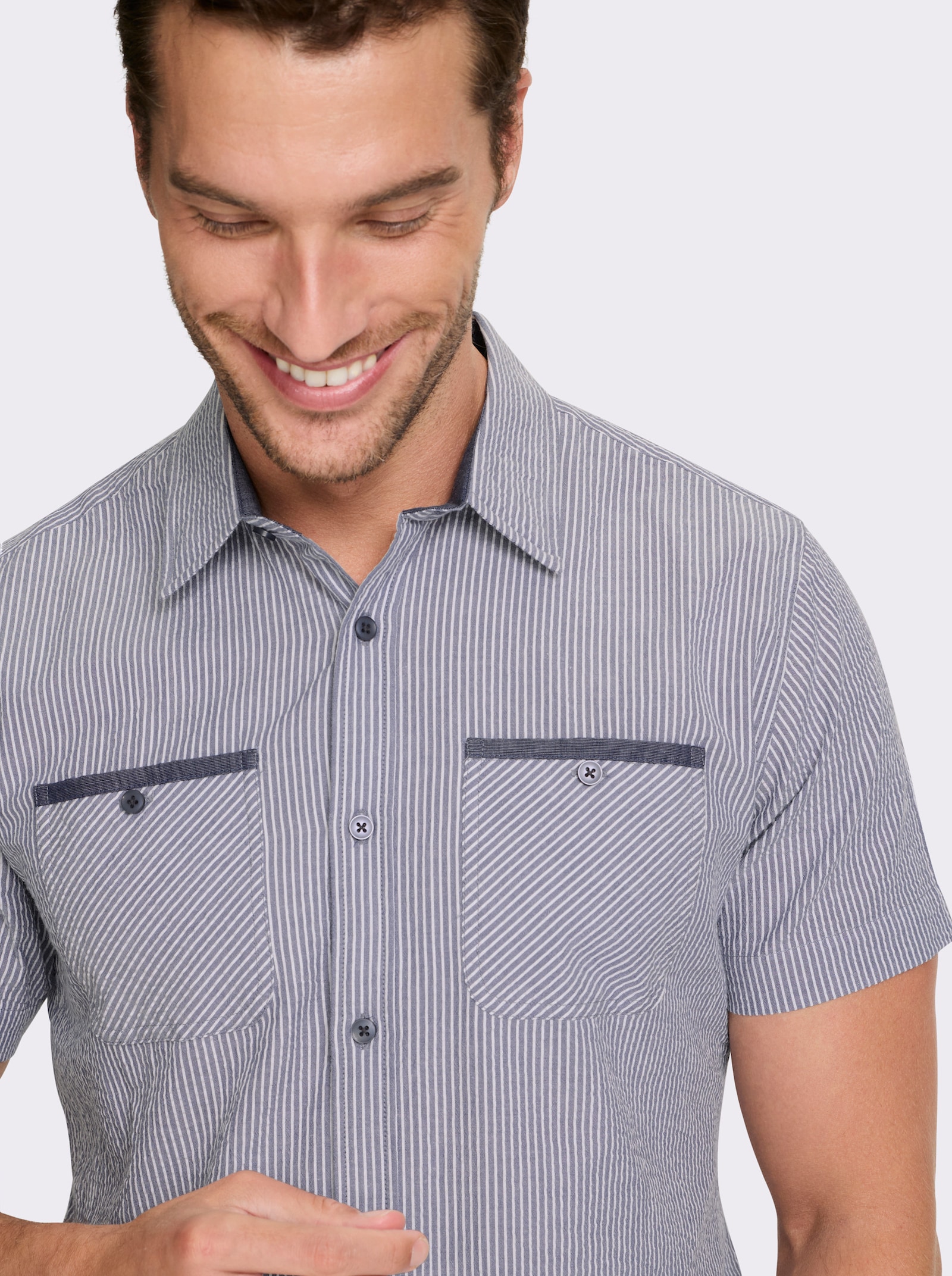 Catamaran Kurzarmhemd aus reiner Baumwolle - rauchblau-weiss-gestreift