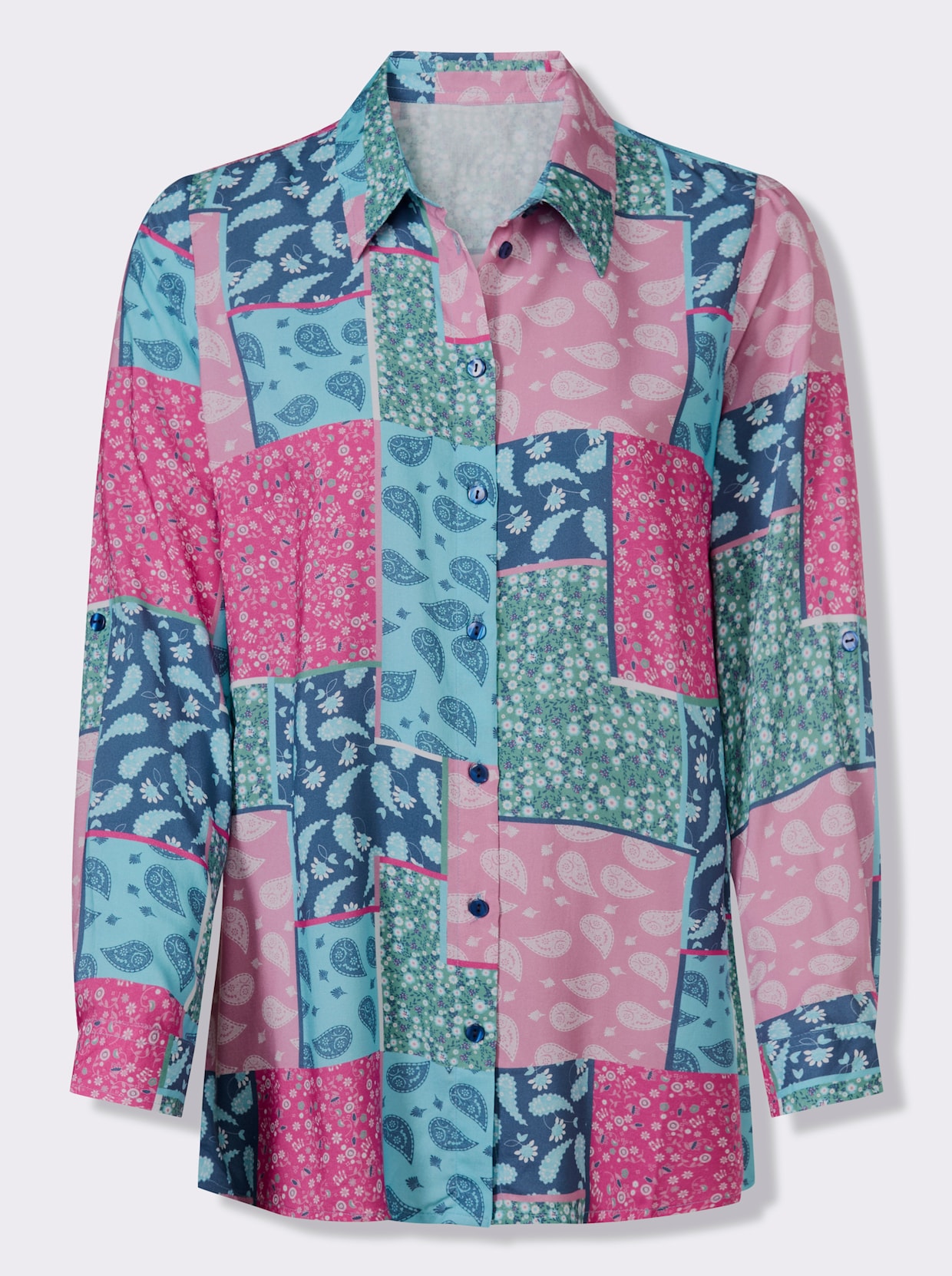 Longbluse mit krempelbaren Ärmeln - fuchsia-jeansblau-bedruckt