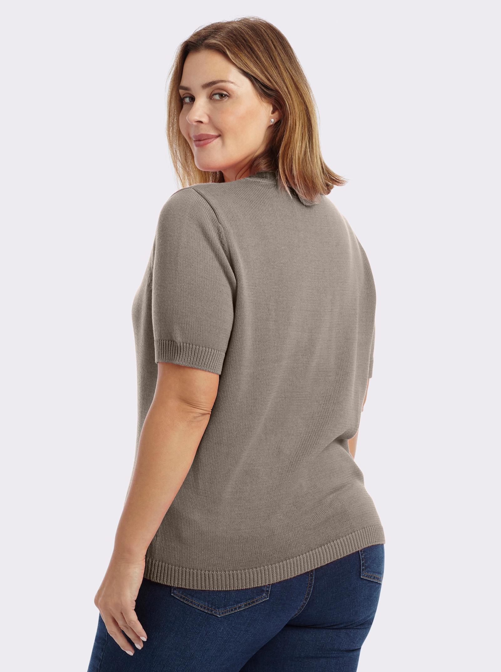 Kurzarmpullover mit Rippabschlüssen - taupe-meliert