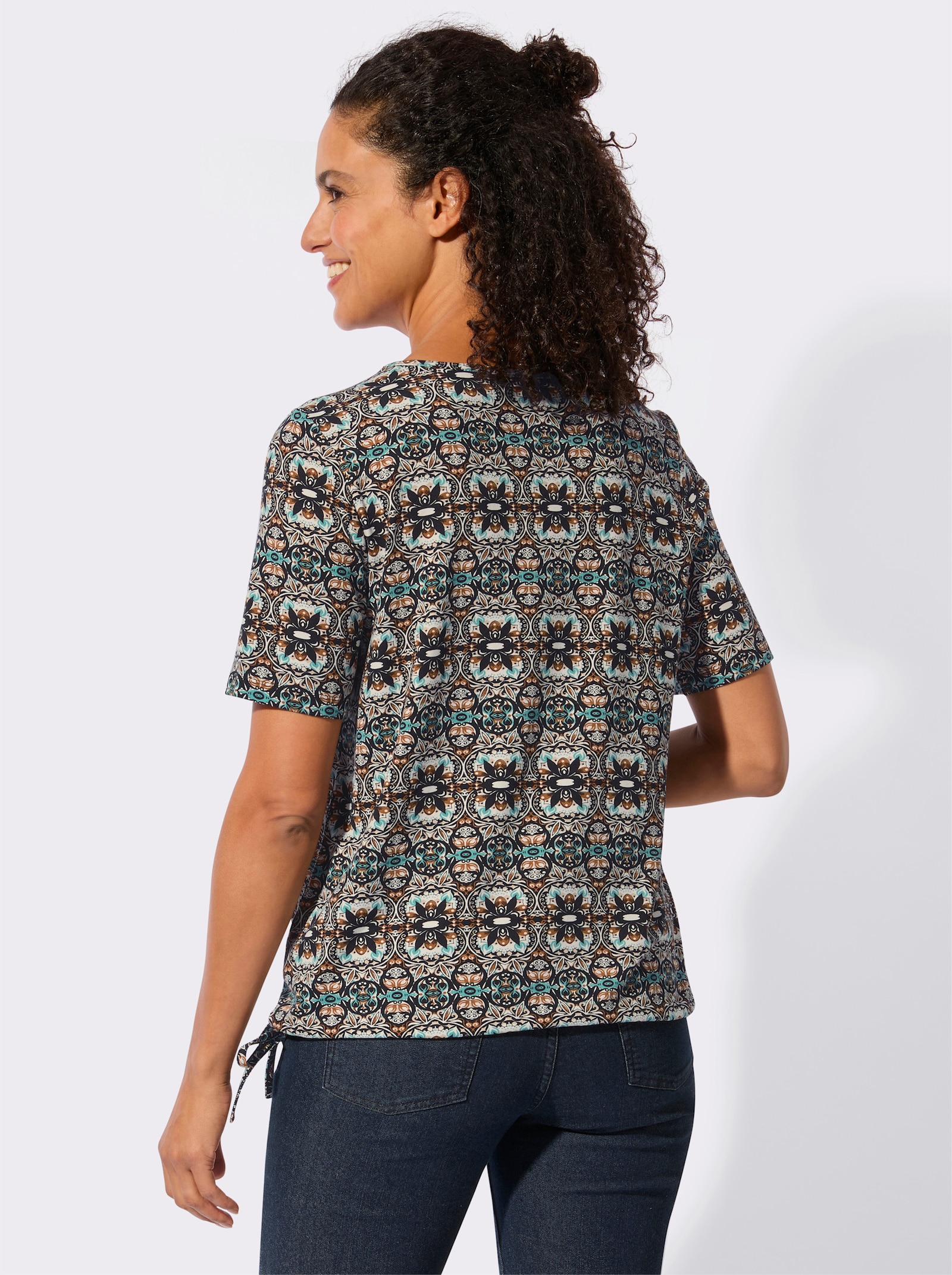 Kurzarmshirt mit Gummizug am Saum - schwarz-cognac-bedruckt