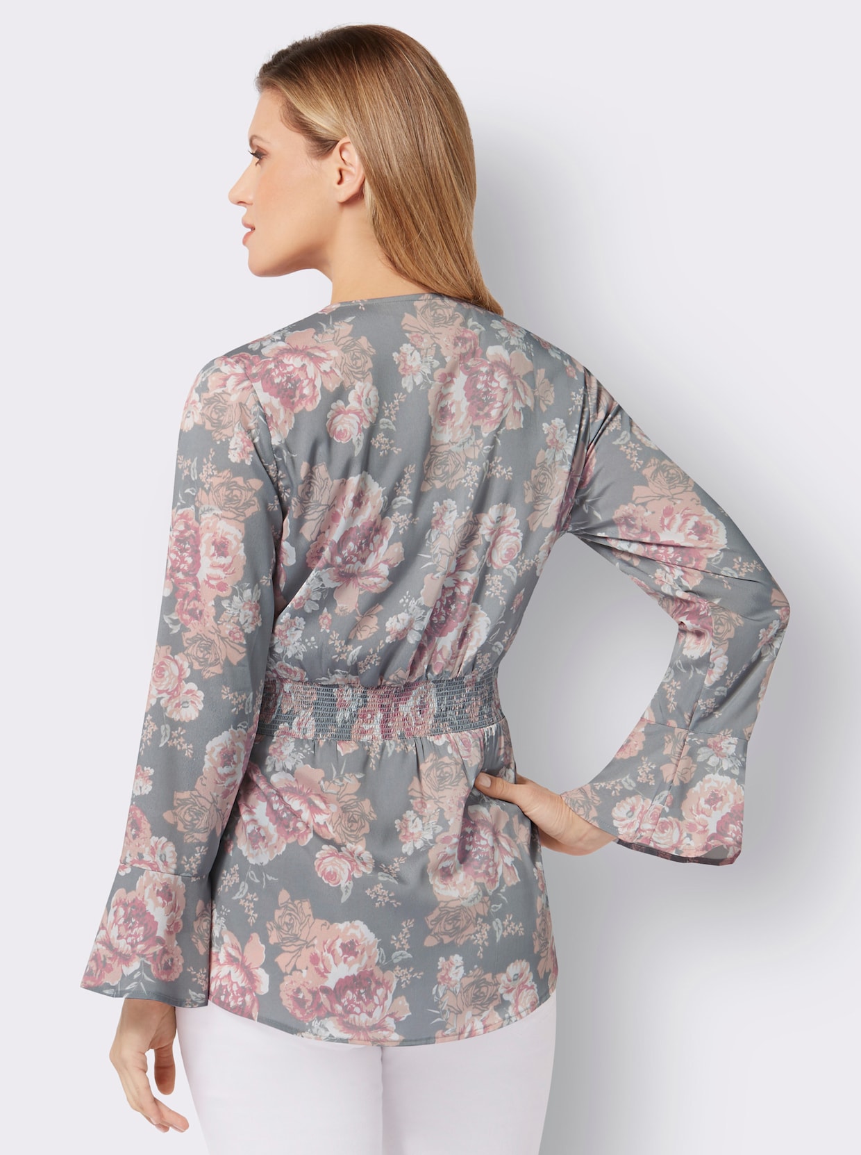 Blouse met volants - steengrijs/hortensia bedrukt