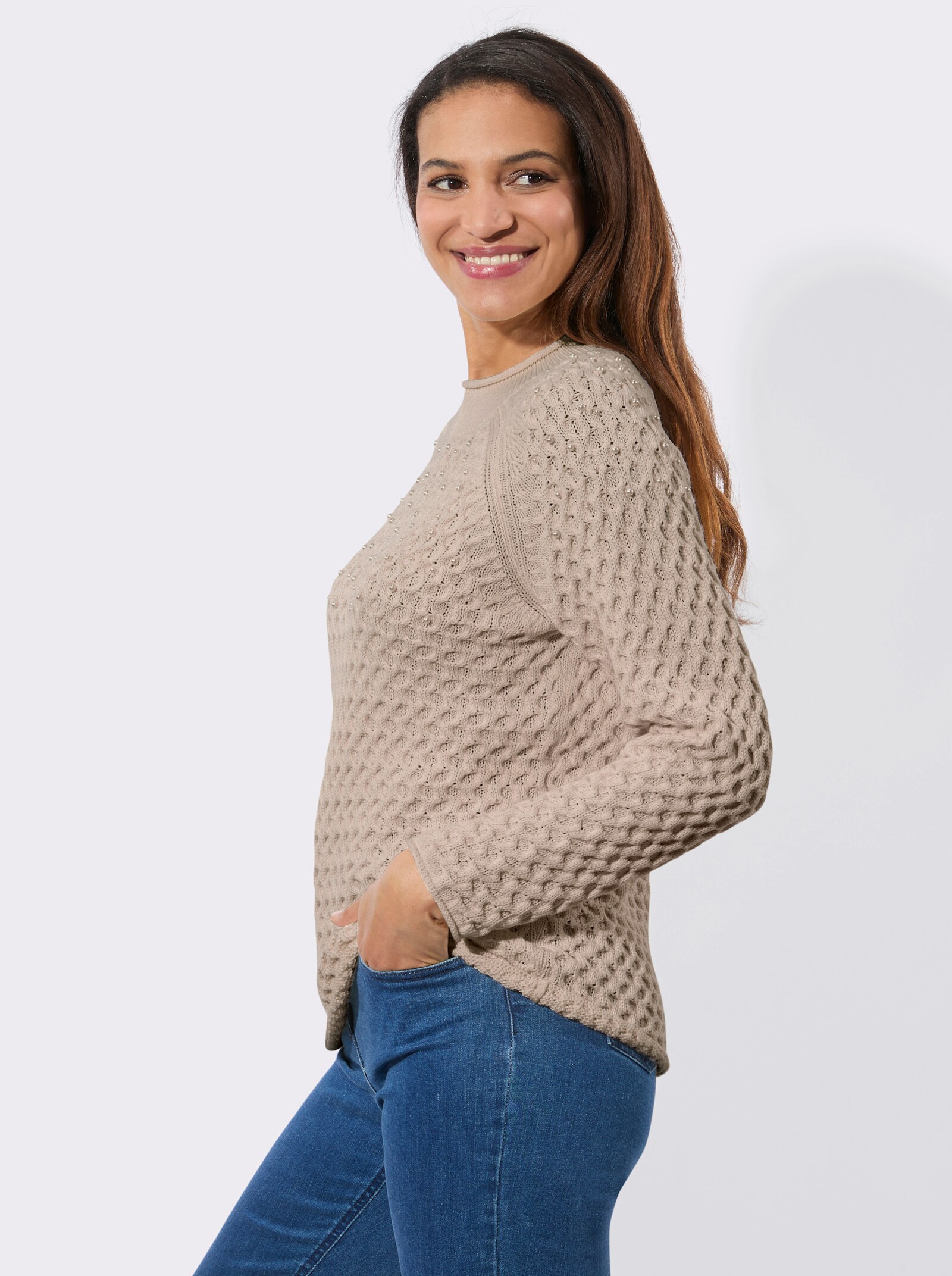 Stehkragenpullover mit Zierperlen - sesam
