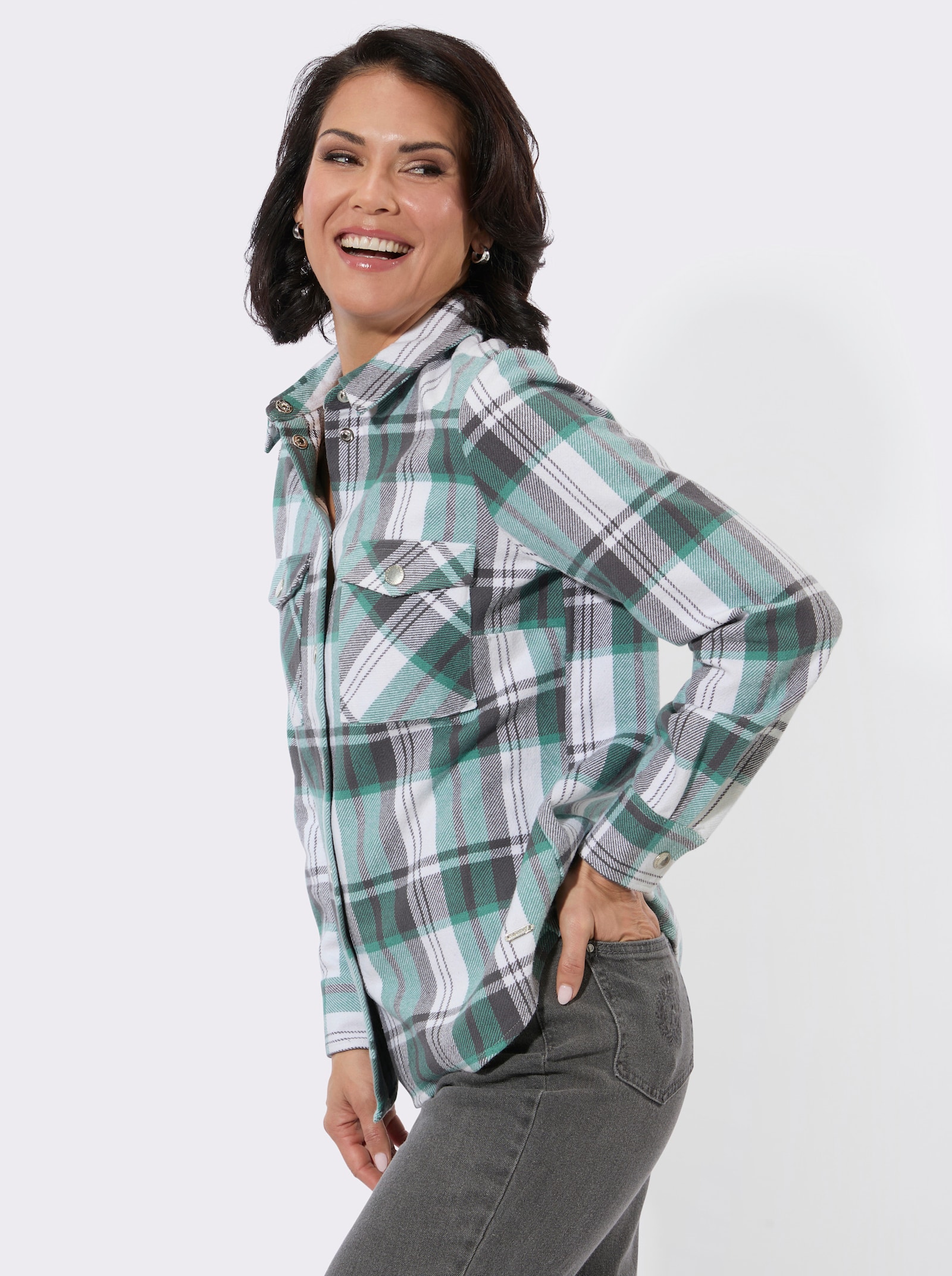Flanellbluse im Karomuster - salbei-anthrazit-kariert