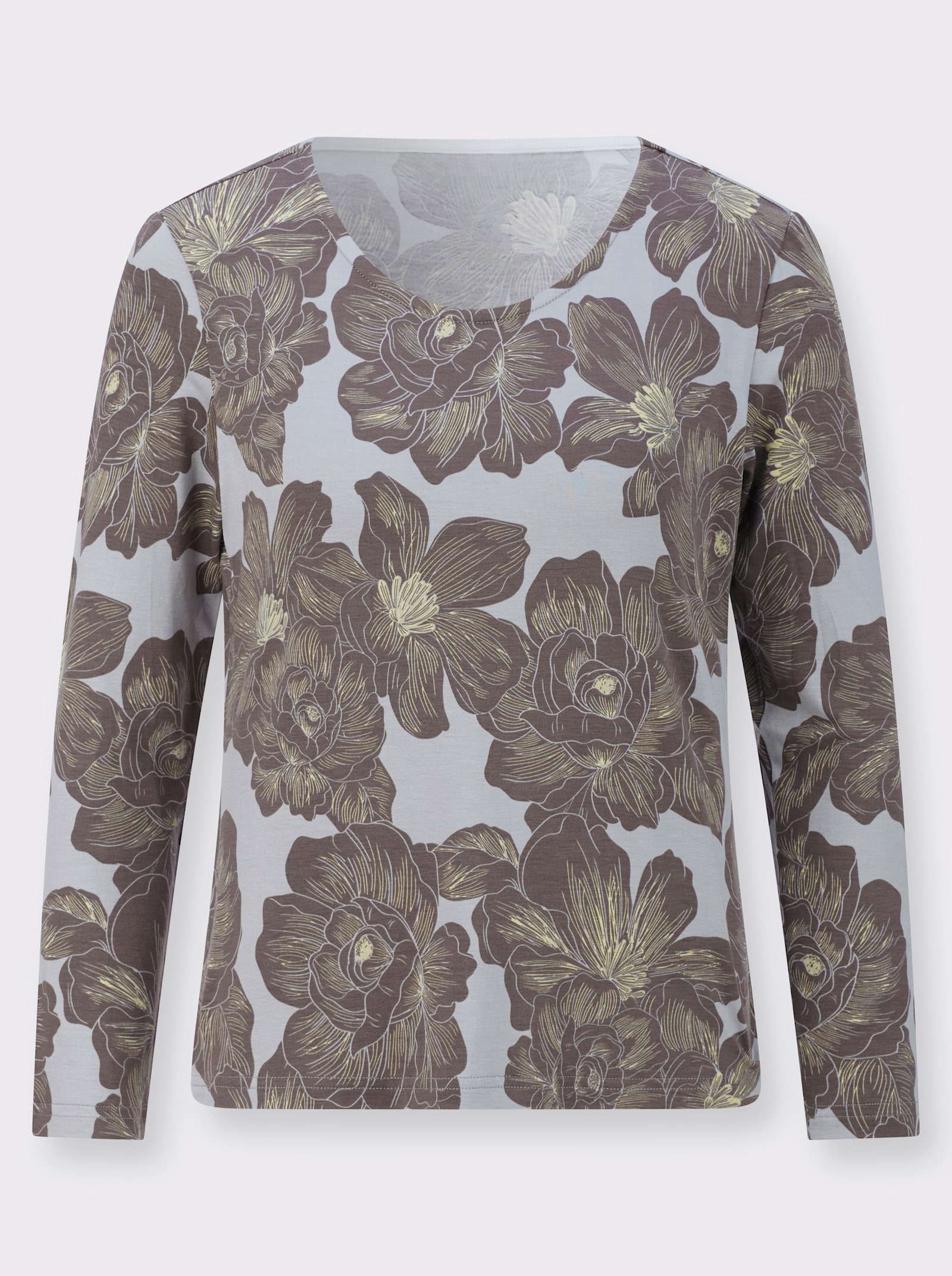 Langarmshirt mit floralem Dessin - hellgrau-dunkeltaupe-bedruckt