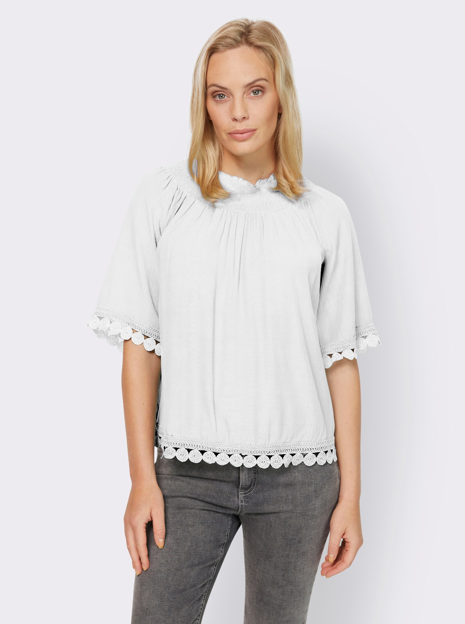 heine Crinklebluse mit Spitzenbesatz - weiß