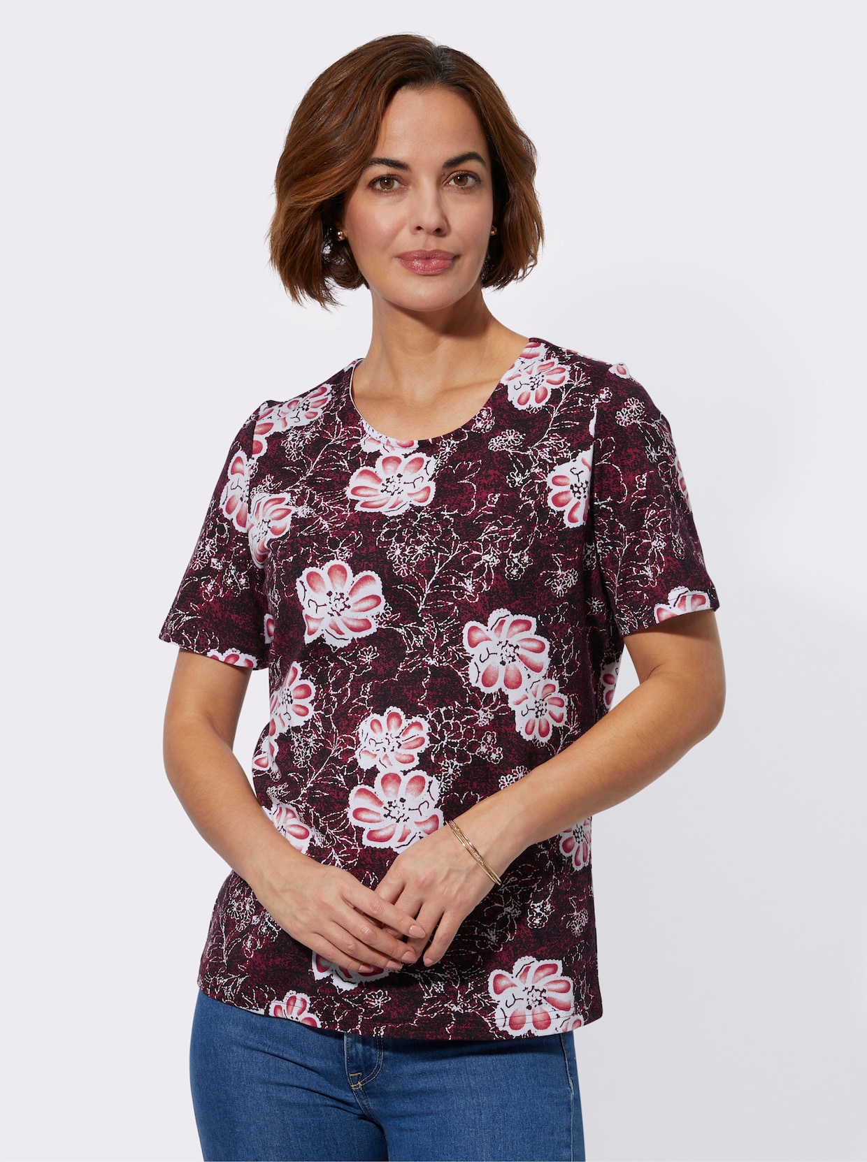 Shirt met ronde hals - kers/ecru bedrukt